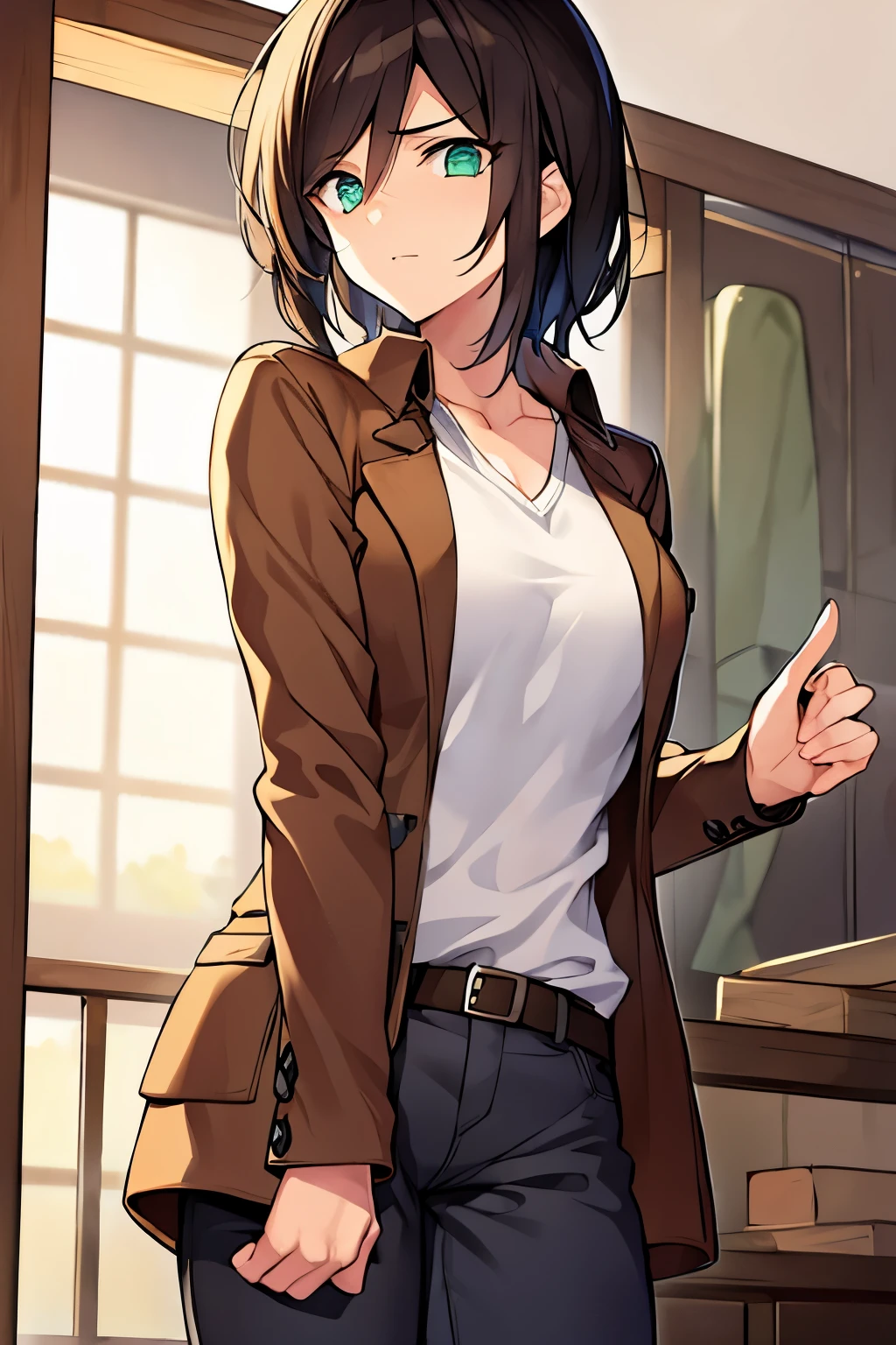 Anime girl with brown jacket and blue eyes standing in front of a window -  SeaArt AI