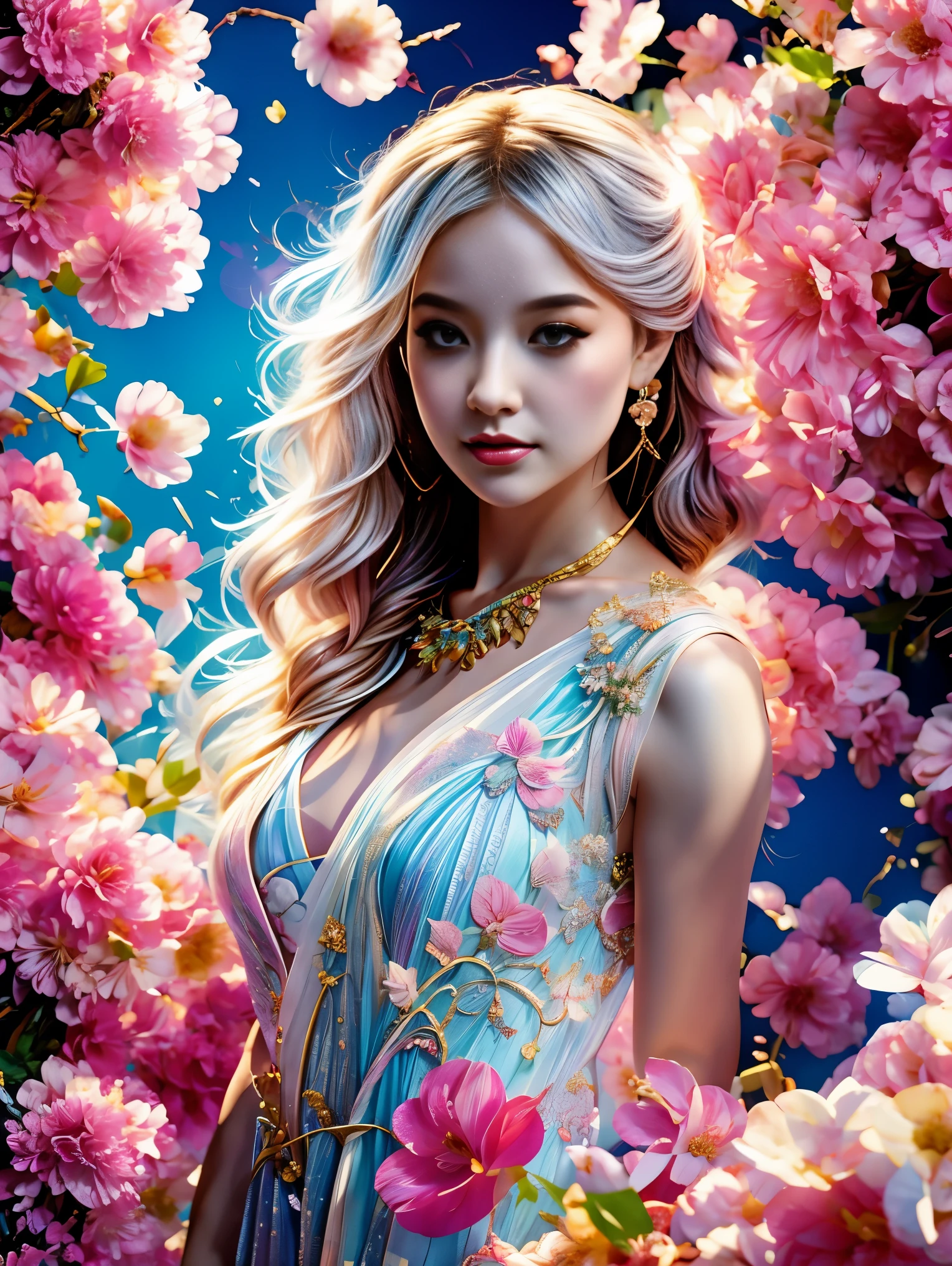 Welcome to the fantasy unknown country，（The female elf guides you，anatomically correct，Accurate and perfect European and American cartoon girl face），A kind smile，Transparent beautiful girl，beautiful fairy，Small ears，fly around，kaleidoscopic，在成千上万的紫色和红色flowers中，digital illustration，complex，Uptrend，pastel colors，painting，Award-winning photography，Bokeh，depth of field，hdr，flowers，Color difference，Realism，Very detailed，Art Station Trends，CG social trends，complex，high detail，drama，midway art