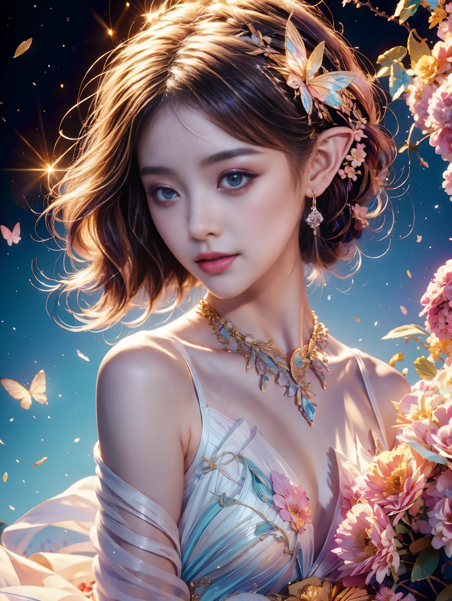 Welcome to the fantasy unknown country，（The female elf guides you，anatomically correct，Accurate and perfect European and American cartoon girl face），A kind smile，Transparent beautiful girl，beautiful fairy，Small ears，fly around，kaleidoscopic，在成千上万的紫色和红色flowers中，digital illustration，complex，Uptrend，pastel colors，painting，Award-winning photography，Bokeh，depth of field，hdr，flowers，Color difference，Realism，Very detailed，Art Station Trends，CG social trends，complex，high detail，drama，midway art