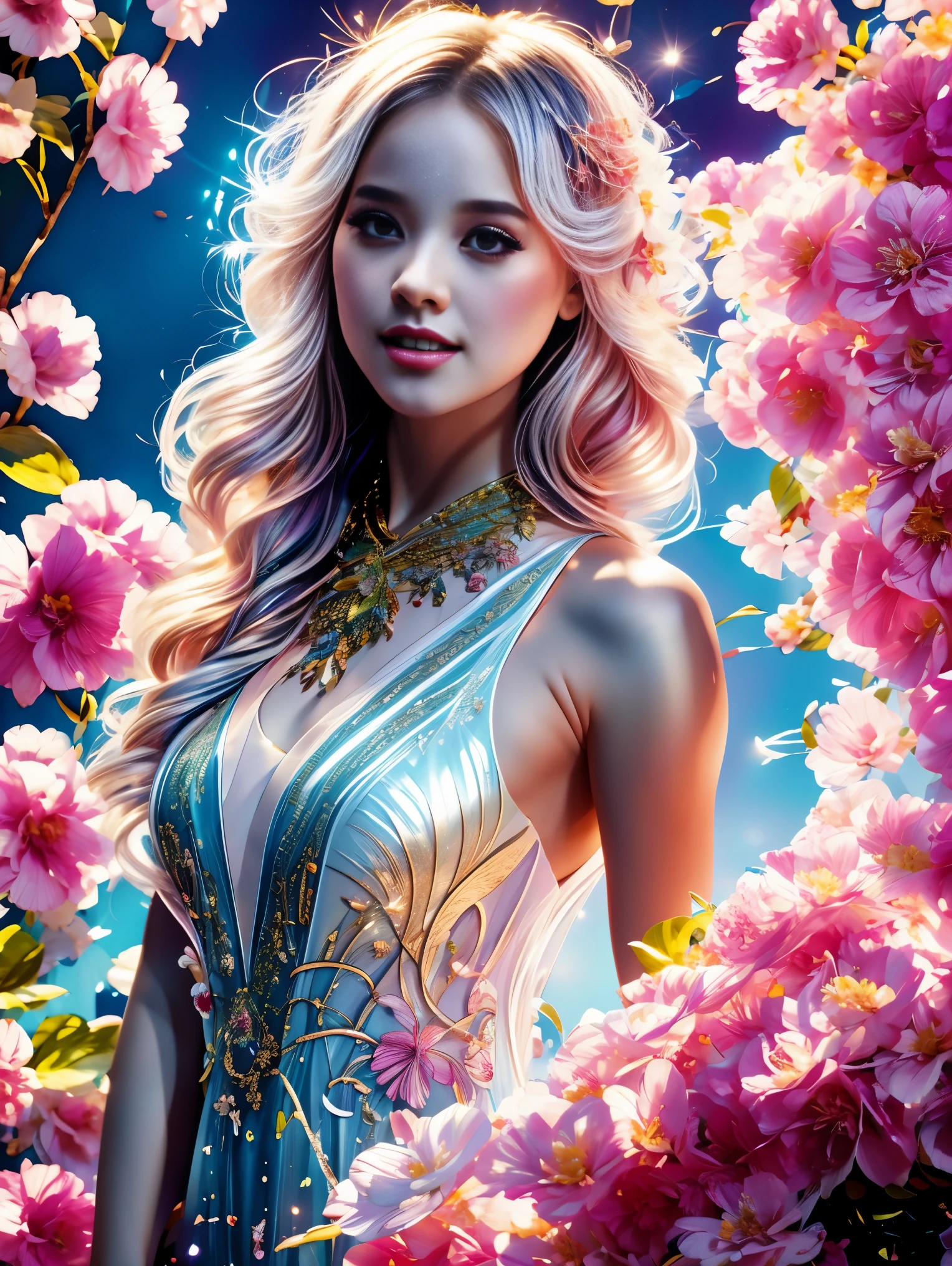 Welcome to the fantasy unknown country，（The female elf guides you，anatomically correct，Accurate and perfect European and American cartoon girl face），A kind smile，Transparent beautiful girl，beautiful fairy，Small ears，fly around，kaleidoscopic，在成千上万的紫色和红色flowers中，digital illustration，complex，Uptrend，pastel colors，painting，Award-winning photography，Bokeh，depth of field，hdr，flowers，Color difference，Realism，Very detailed，Art Station Trends，CG social trends，complex，high detail，drama，midway art