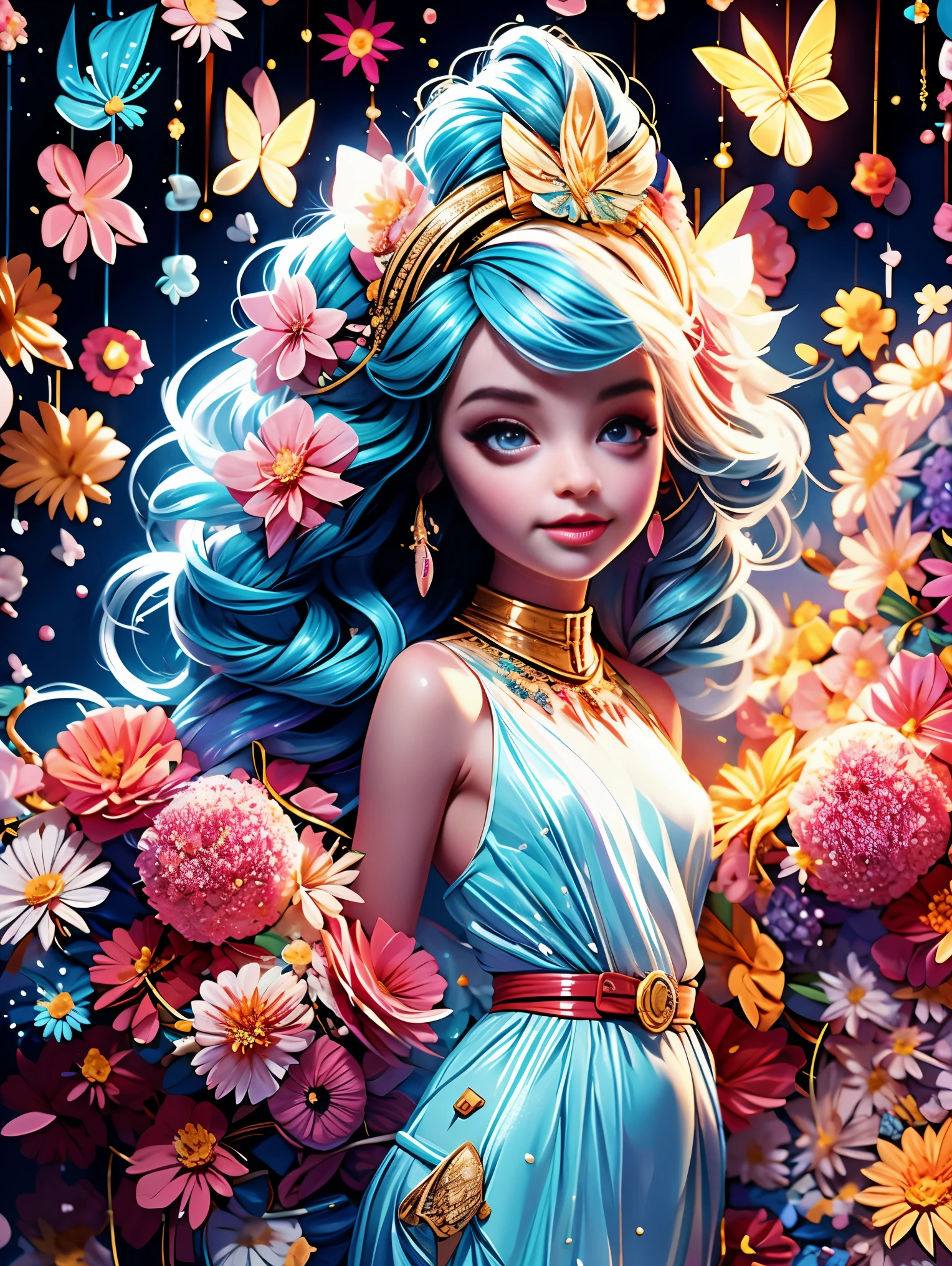 Welcome to the fantasy unknown country，（The female elf guides you，anatomically correct，Accurate and perfect European and American cartoon girl face），A kind smile，Transparent beautiful girl，beautiful fairy，Small ears，fly around，kaleidoscopic，在成千上万的紫色和红色flowers中，digital illustration，complex，Uptrend，pastel colors，painting，Award-winning photography，Bokeh，depth of field，hdr，flowers，Color difference，Realism，Very detailed，Art Station Trends，CG social trends，complex，high detail，drama，midway art