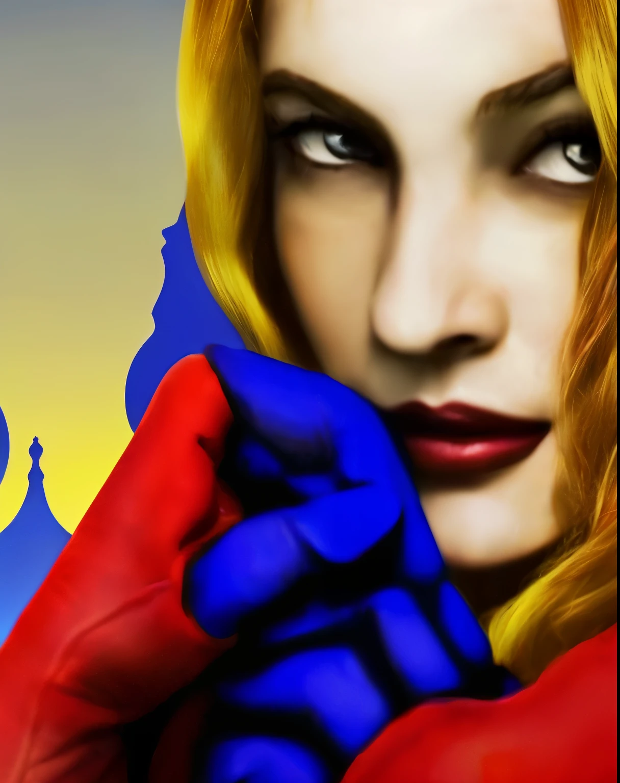 Painting of a woman with red gloves and blue gloves - SeaArt AI