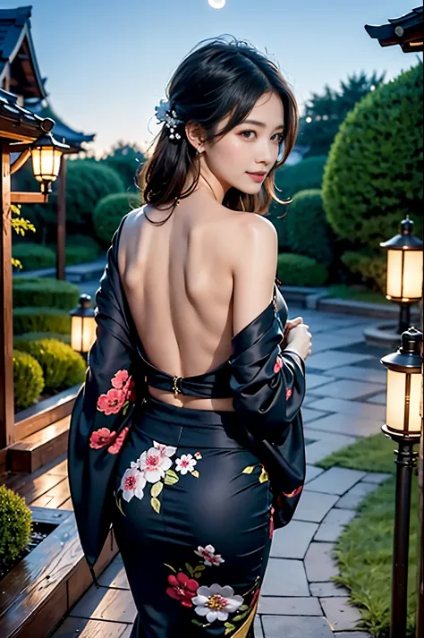 Under the mesmerizing moonlight, in a serene Japanese garden, a beautiful woman in a partially undone kimono reveals her elegant...
