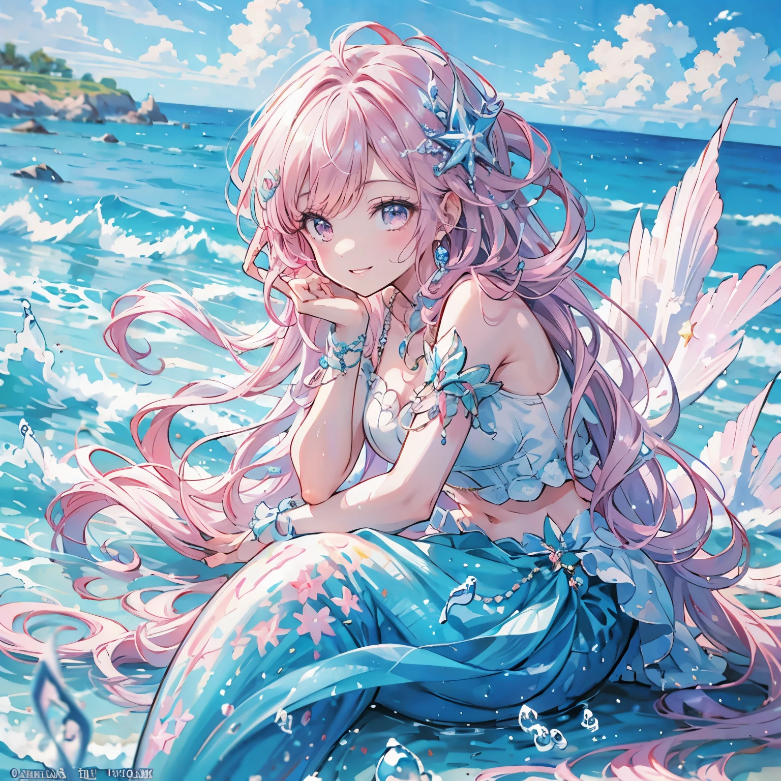 (exquisite, beautiful, hyper detailed, masterpiece, high quality, absurdres, highres, Full-HD, 16K), (woman,mermaid),((happy, delightful, smiling, laughing:1.3)), (bob, wave hair, pink hair), purple eyes, ((sing a song:1.5)),big eyes, fair skin, slim,( soft-edged, soft lines), wide shot, (highly saturated colors, vibrant colors, pastel colors), (under the beautiful sea, in the ocean), dramatic lighting, warm lighting, soft lighting, fantasy, romantic atmosphere, dreamy atmosphere, floating