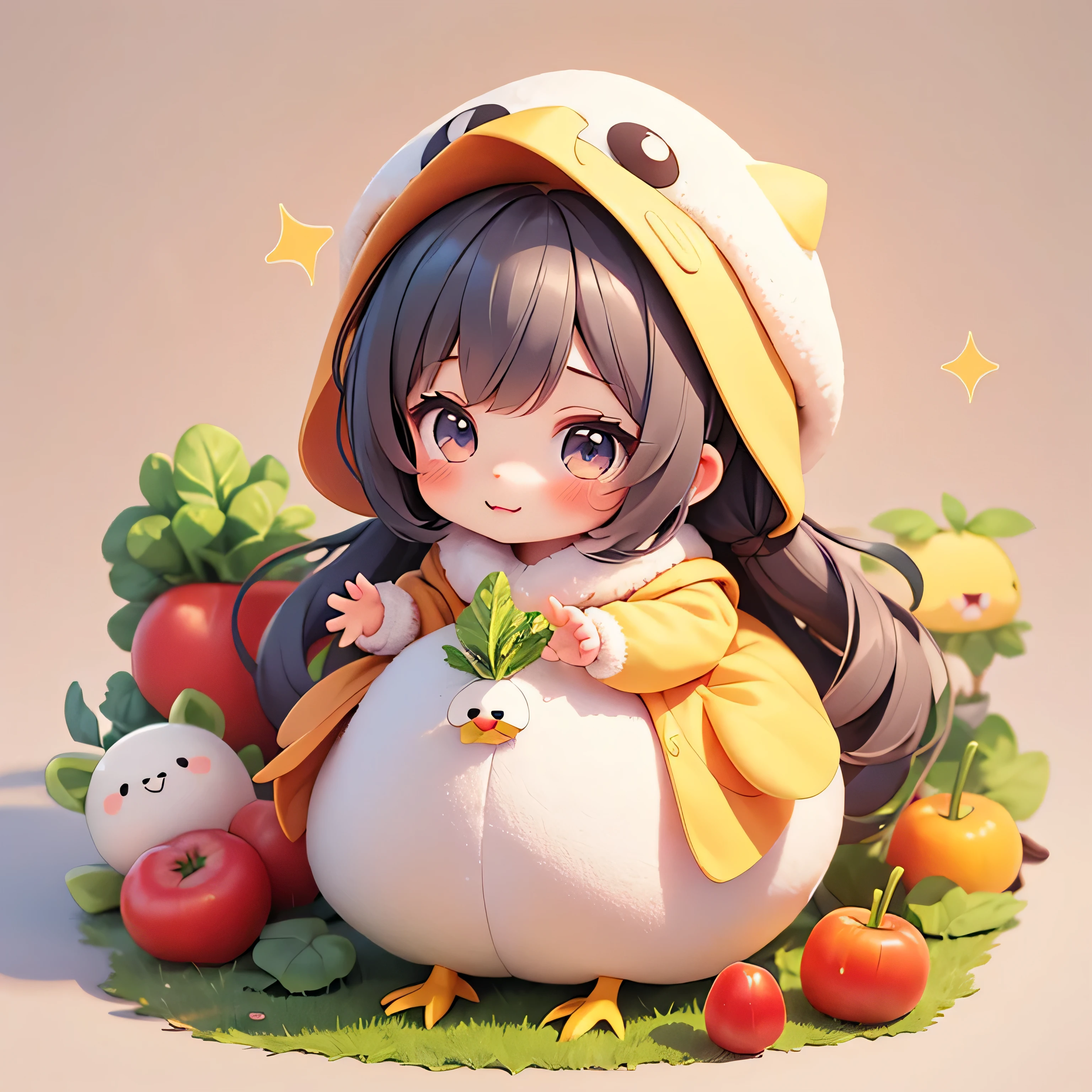 Anime girl sitting on a pumpkin with a bunch of vegetables - SeaArt AI