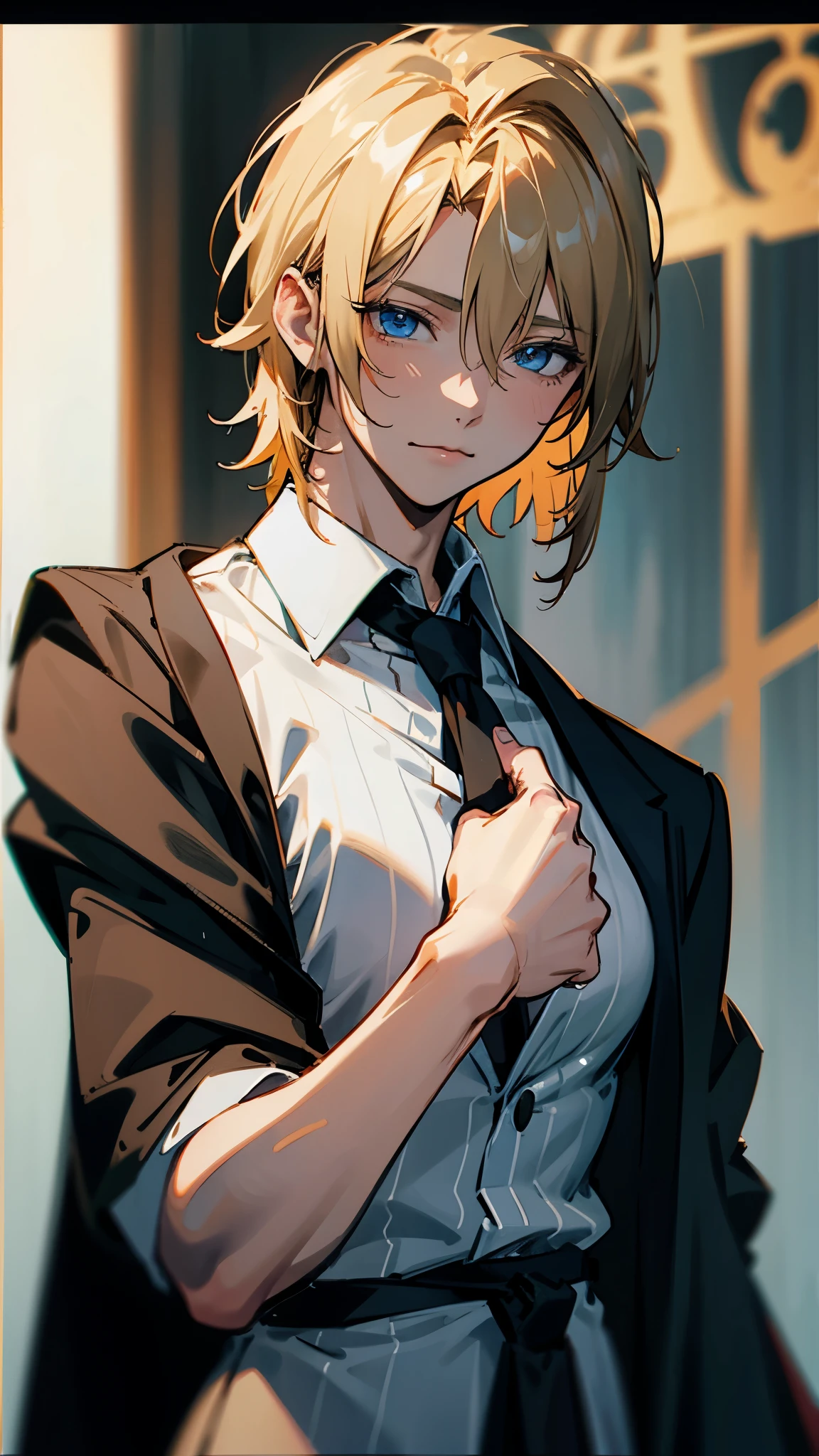 Anime character with blonde hair and blue eyes in a suit - SeaArt AI