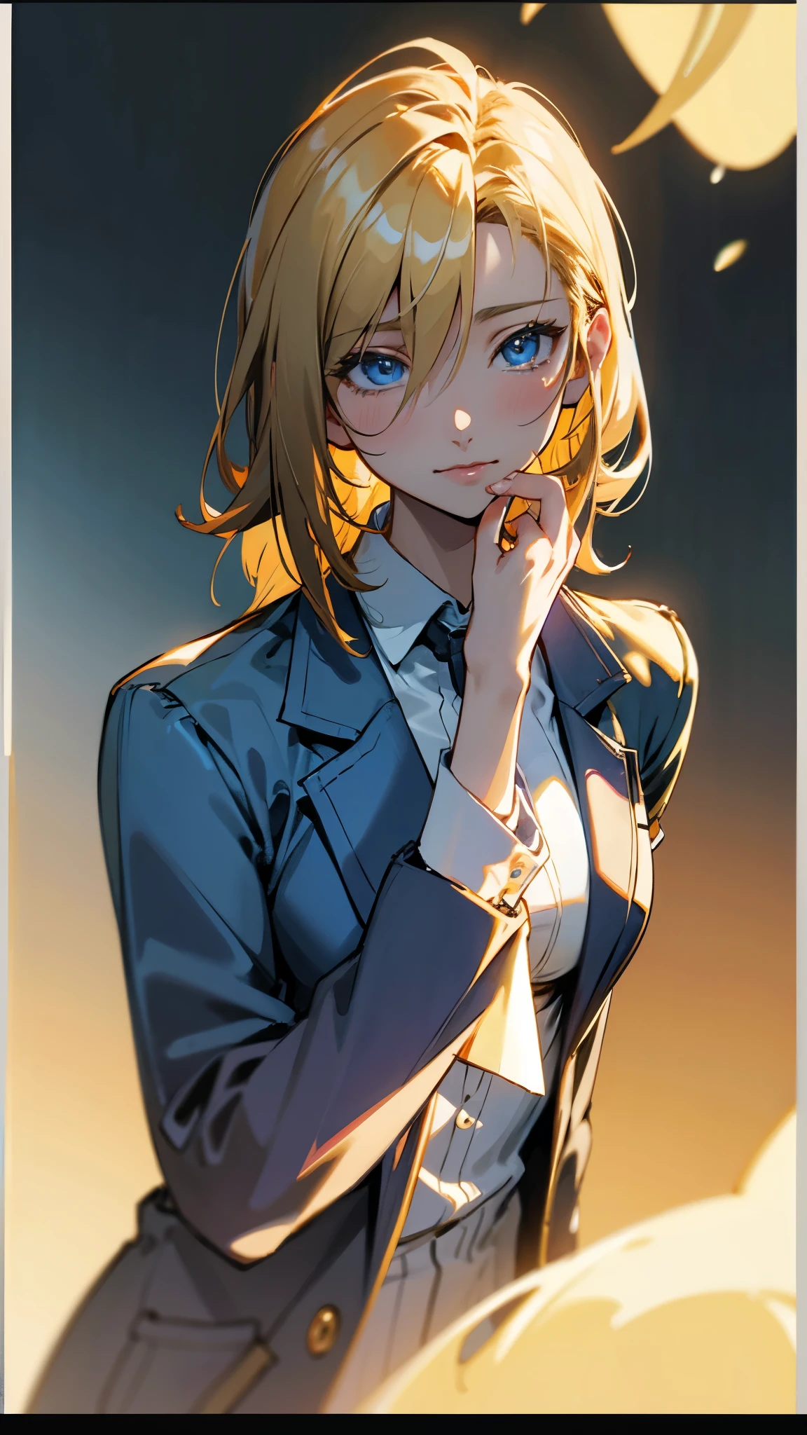 Anime girl with blonde hair and blue eyes in a blue jacket - SeaArt AI