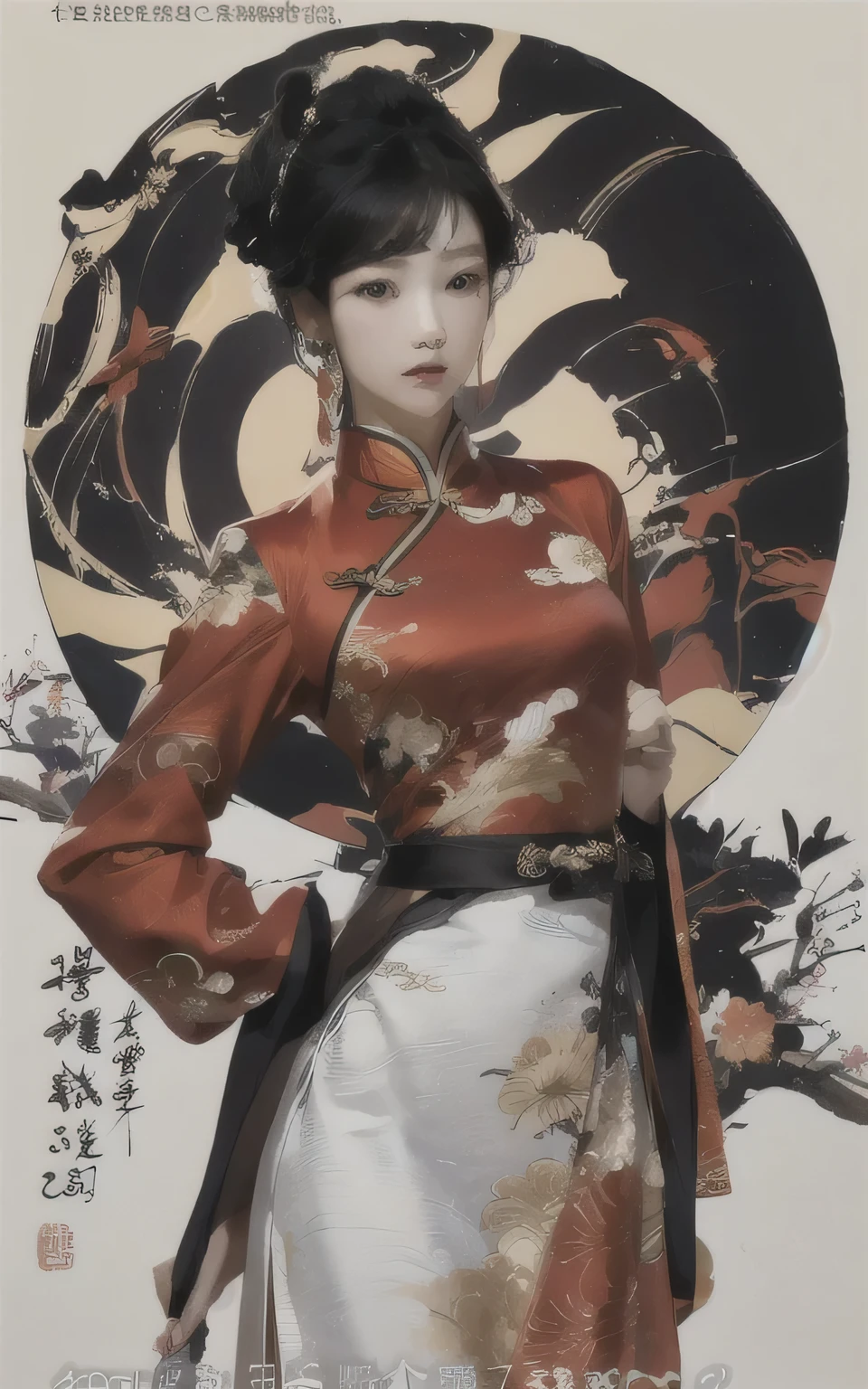 There is a person wearing a red cheongsam、Shanghai woman holding a fan, Inspired by Qiu Ying, inspired by Fenghua Zhong, author：Yang Jie, Gurwitz style artwork, Inspired by Lan Ying, Inspired by Gong Xian, by Zhou Fang, Inspired by Zhou Wenjing, by Liang Kai, guweiz, Inspired by Wang Meng