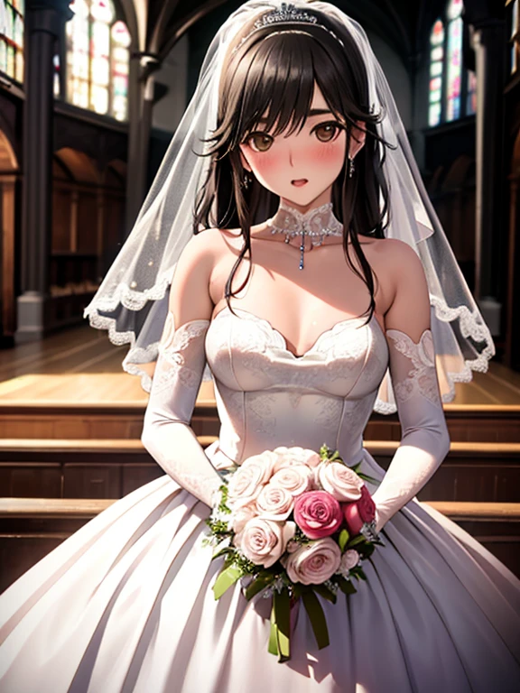  wedding dress, bridal gauntlets, bridal veil, wedding ring, bouquet、blush、small breasts、church、UHD, retina, masterpiece, ccurate, anatomically correct, textured skin, super detail, high details, high quality, best quality, highres, 4K