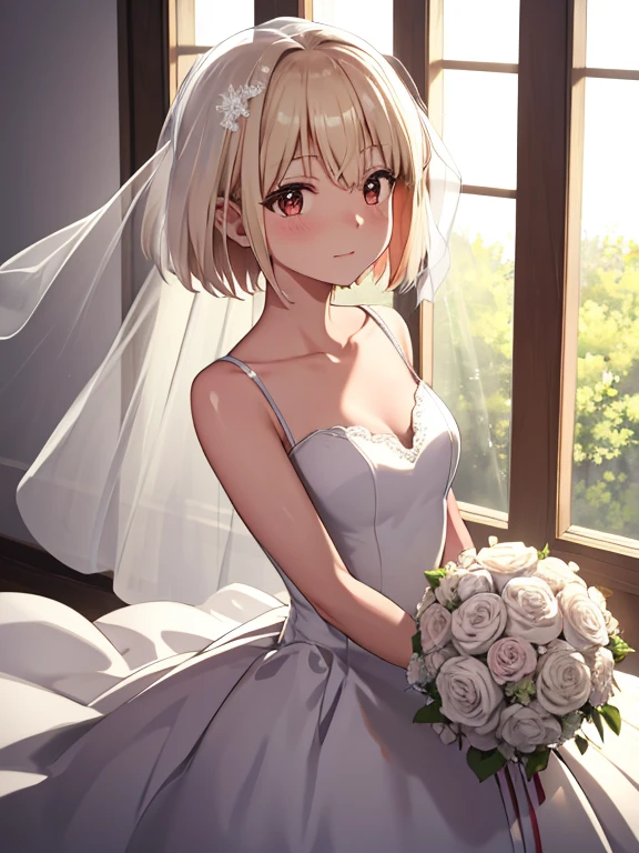 Chisato Nishikiki, wedding dress, bridal gauntlets, bridal veil, wedding ring, bouquet、blush、short hair、small breasts、church、UHD, retina, masterpiece, ccurate, anatomically correct, textured skin, super detail, high details, high quality, best quality, highres, 4K