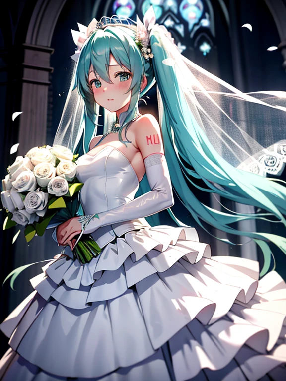 Hatsune Miku、 wedding dress, bridal gauntlets, bridal veil, wedding ring, bouquet、blush、small breasts、church、UHD, retina, masterpiece, ccurate, anatomically correct, textured skin, super detail, high details, high quality, best quality, highres, 4K