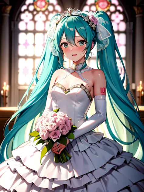 hatsune miku、 wedding dress, bridal gauntlets, bridal veil, wedding ring, bouquet、blush、small breasts、church、uhd, retina, master...