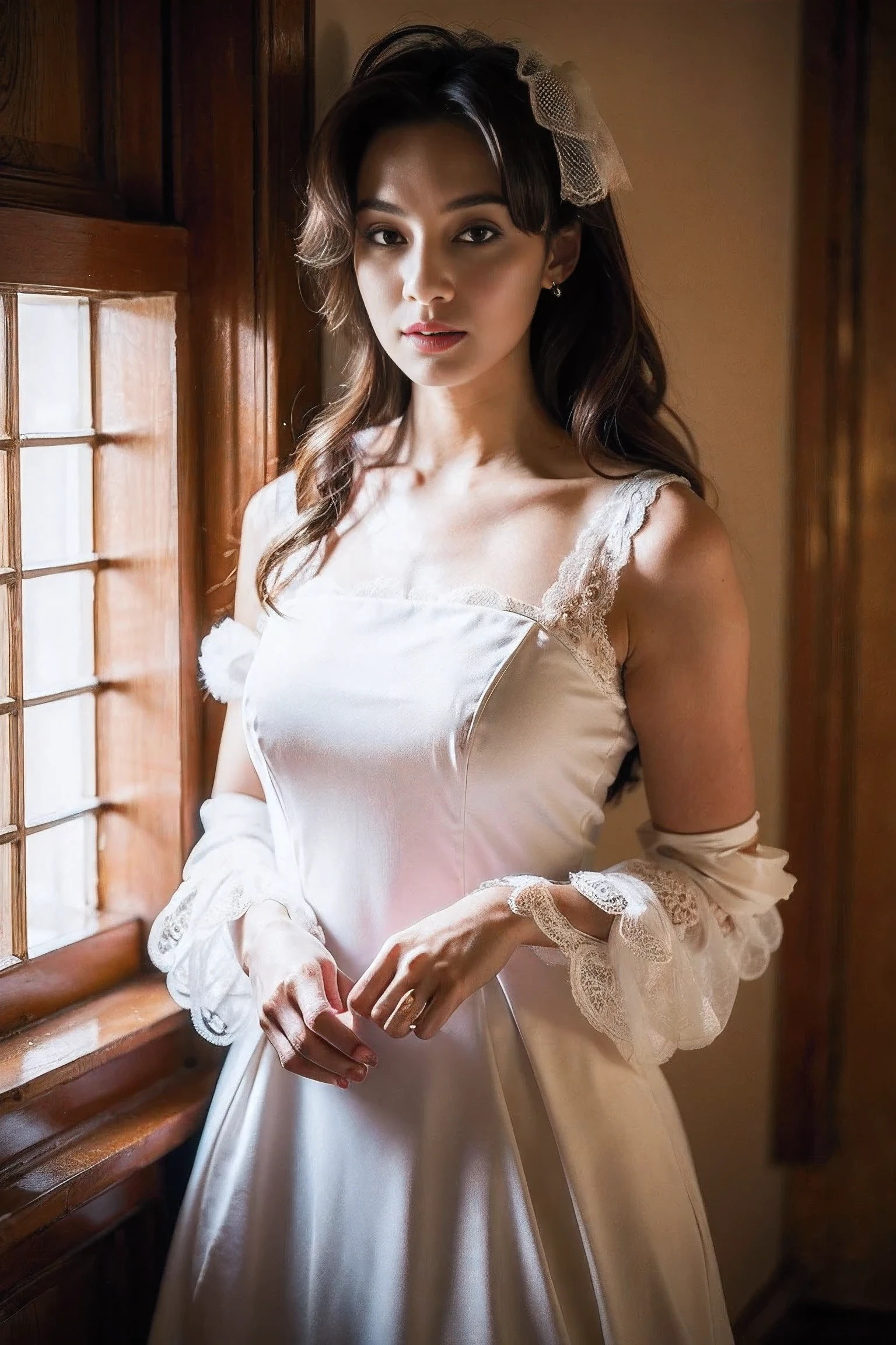 Realistic photography, 8k ,Beautiful woman with long hair ,modern victorian dress