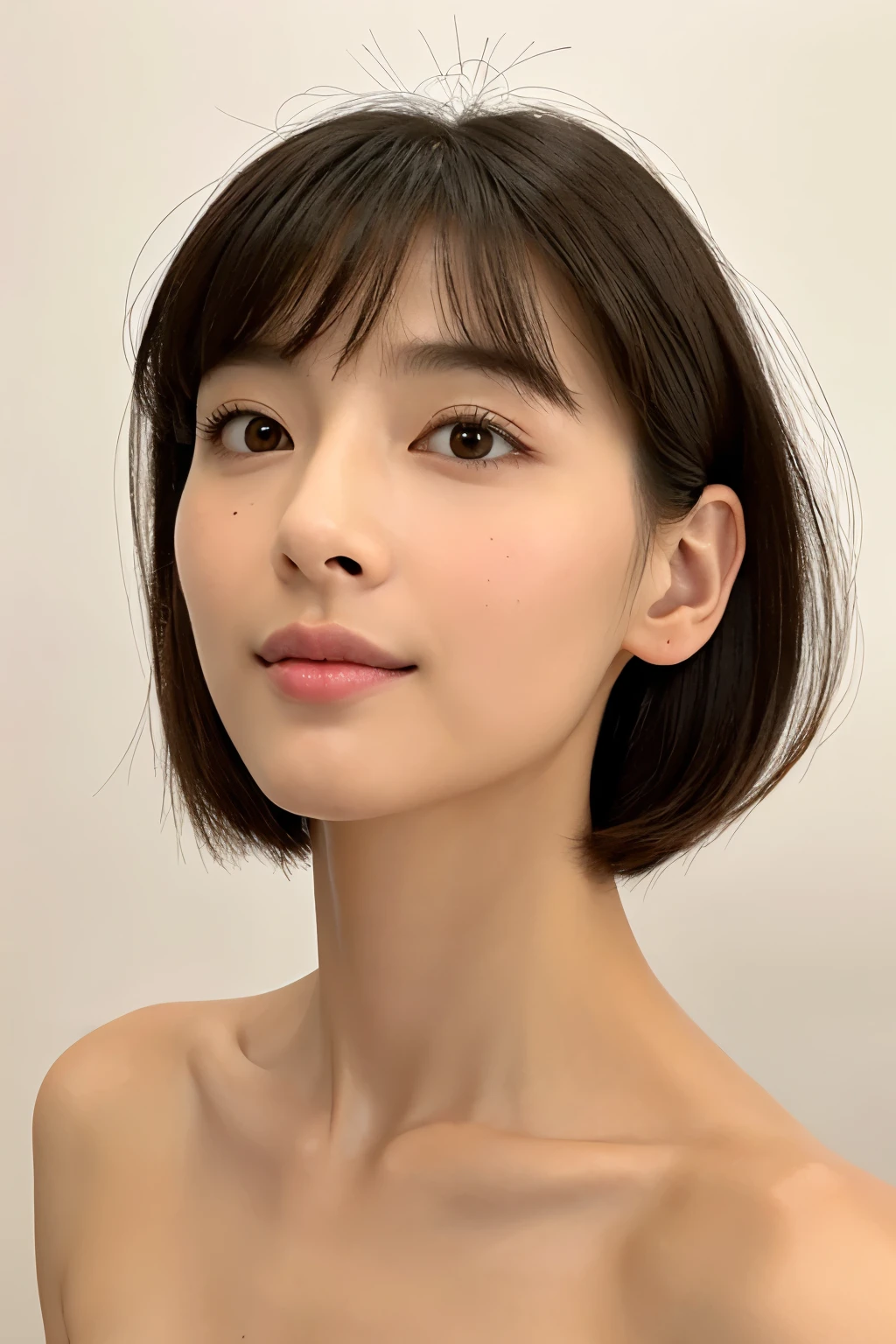 ((masterpiece, top quality, high definition)), 1 girl, (photorealistic: 1.4), solo, white background, snow-white background, mouth closed, happy smile, pretty black hair, short hair, big eyes, clear double eyelids, eyelashes, ears out, absolute area, ((face close-up)), (drawing all head, shoulders), 30 years old, Attractive proportions, glossy skin, clean collarbone, face in golden proportion, perfect face, teardrop mole, mole on chest, bangs, clean bangs, beautiful bangs, lip gloss, thin lips, pale skin, naked, small breasts, small face, head all drawn, shoulders all drawn, staring at the camera slightly upwards