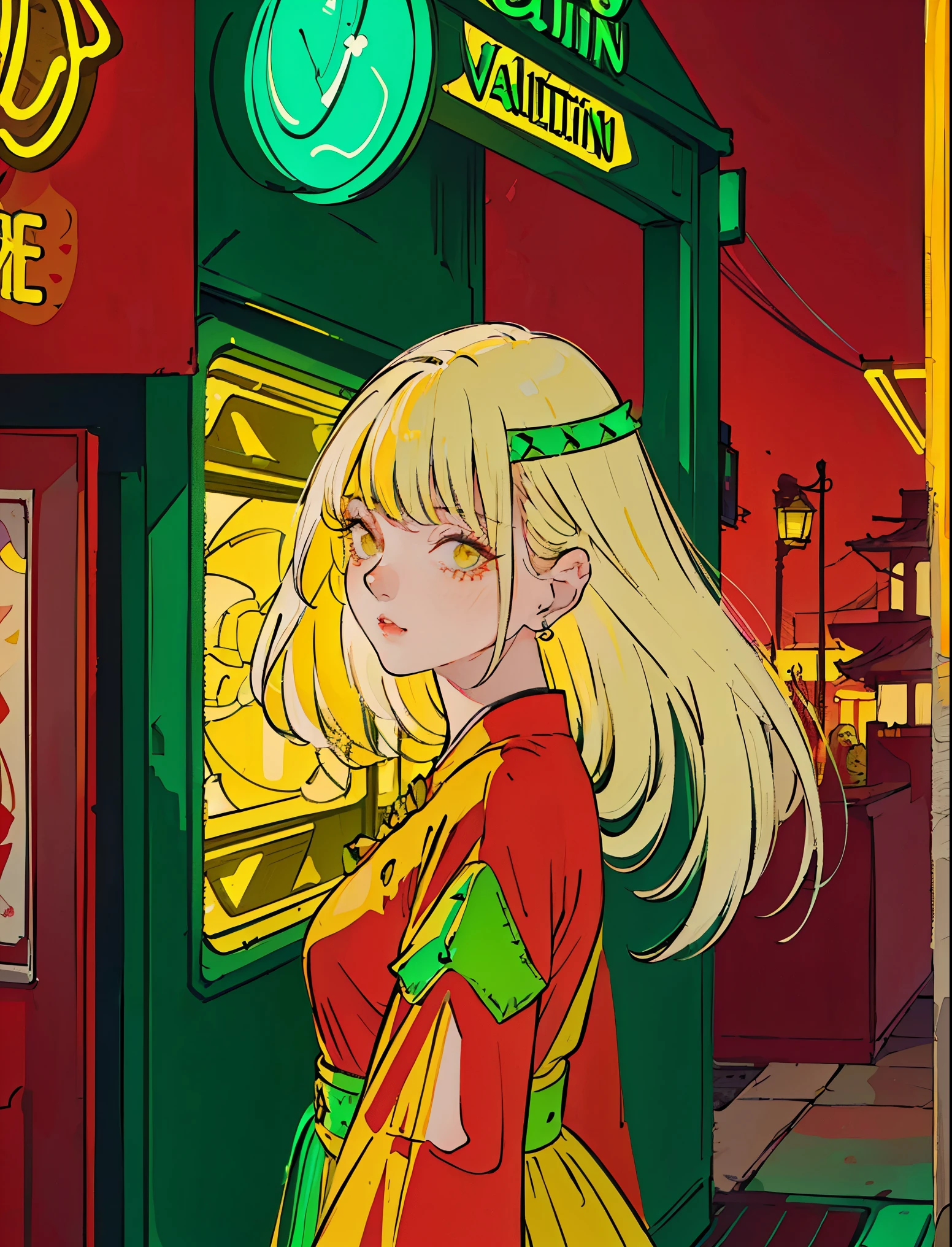 beatiful young korean woman with long ash blonde hair, in a 1950's mexican taco stand, ((neon lights green and yellow lights)), (((((high fashion red clothes in the style of Valentino))))), supermodel, model poses, masterpiece, eye level