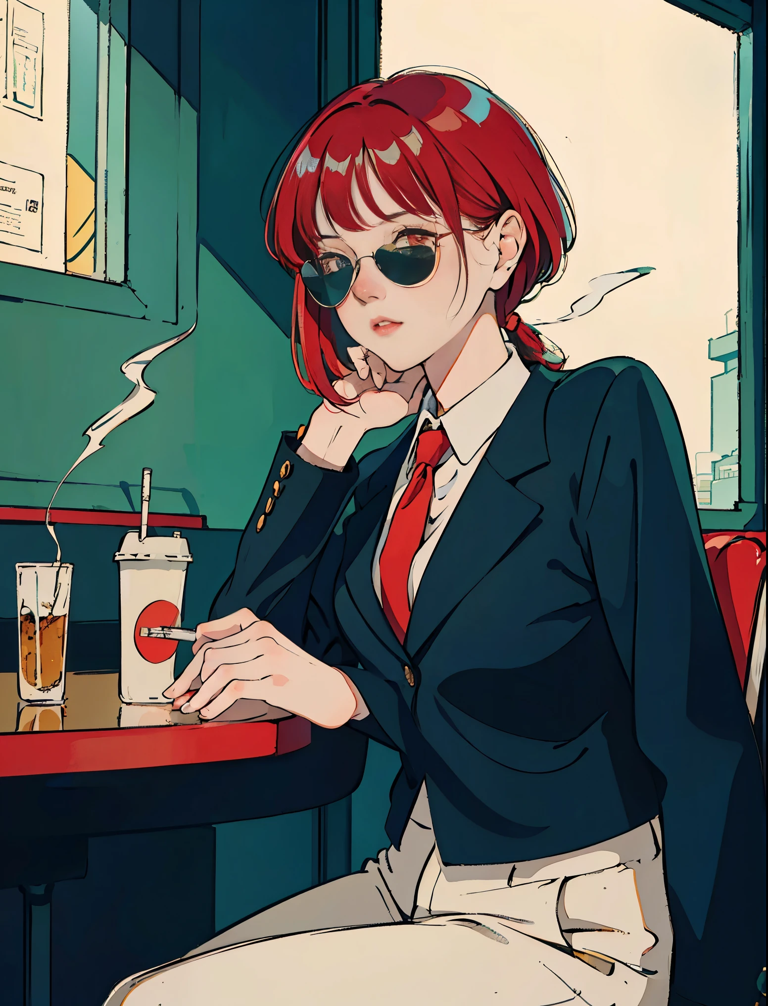 beautiful asian girl with red hair sitting in a diner at night, seen through a window, perfect face, sunglasses, smoking a white tailor made cigarette, NeonNoir, (backlit: 1.1), hard shadow, masterpiece, best quality, Intricate, modelshoot style, vintage, film grain, Incomplete details