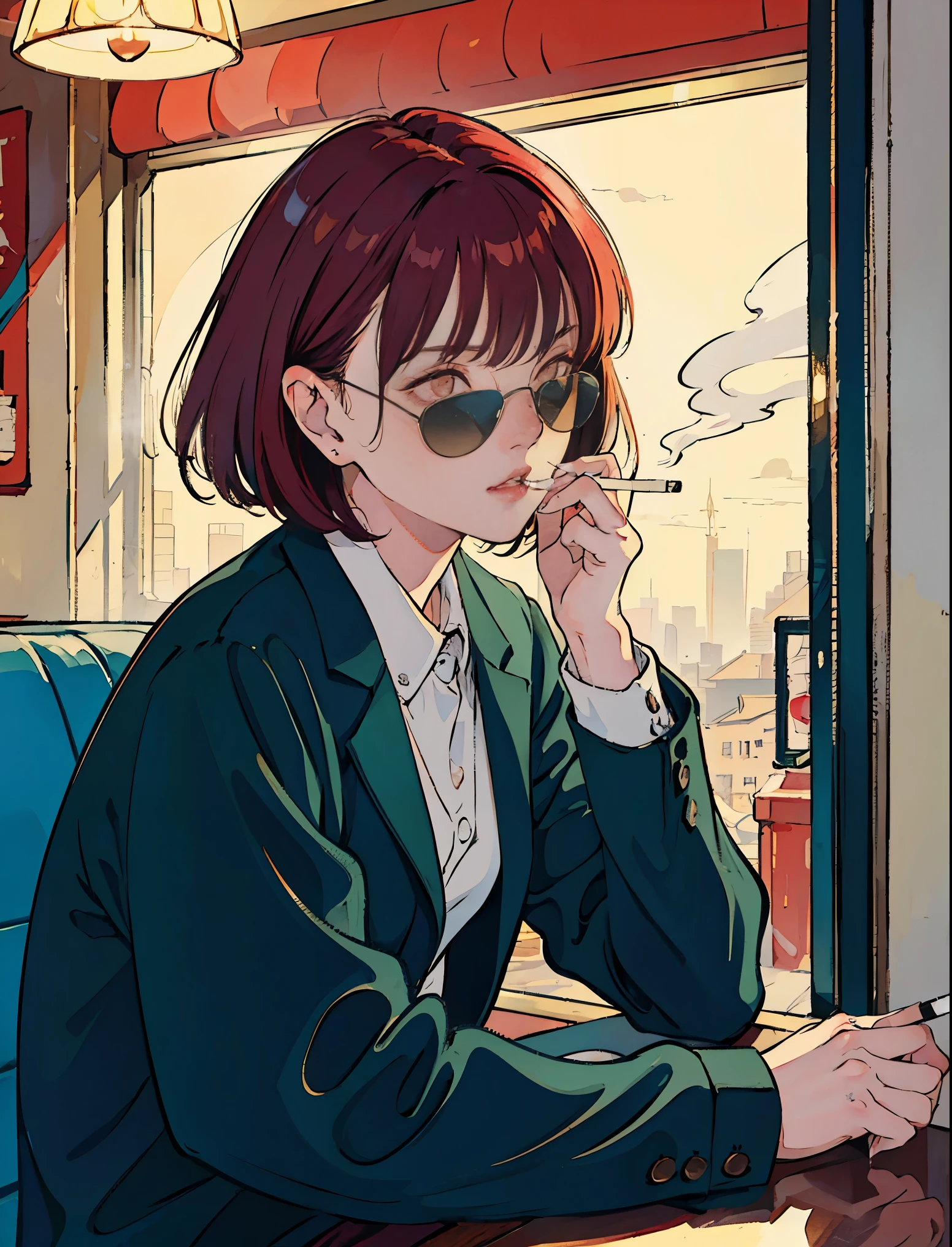 beautiful asian girl with red hair sitting in a diner at night, seen through a window, perfect face, sunglasses, smoking a white tailor made cigarette, NeonNoir, (backlit: 1.1), hard shadow, masterpiece, best quality, Intricate, modelshoot style, vintage, film grain, Incomplete details