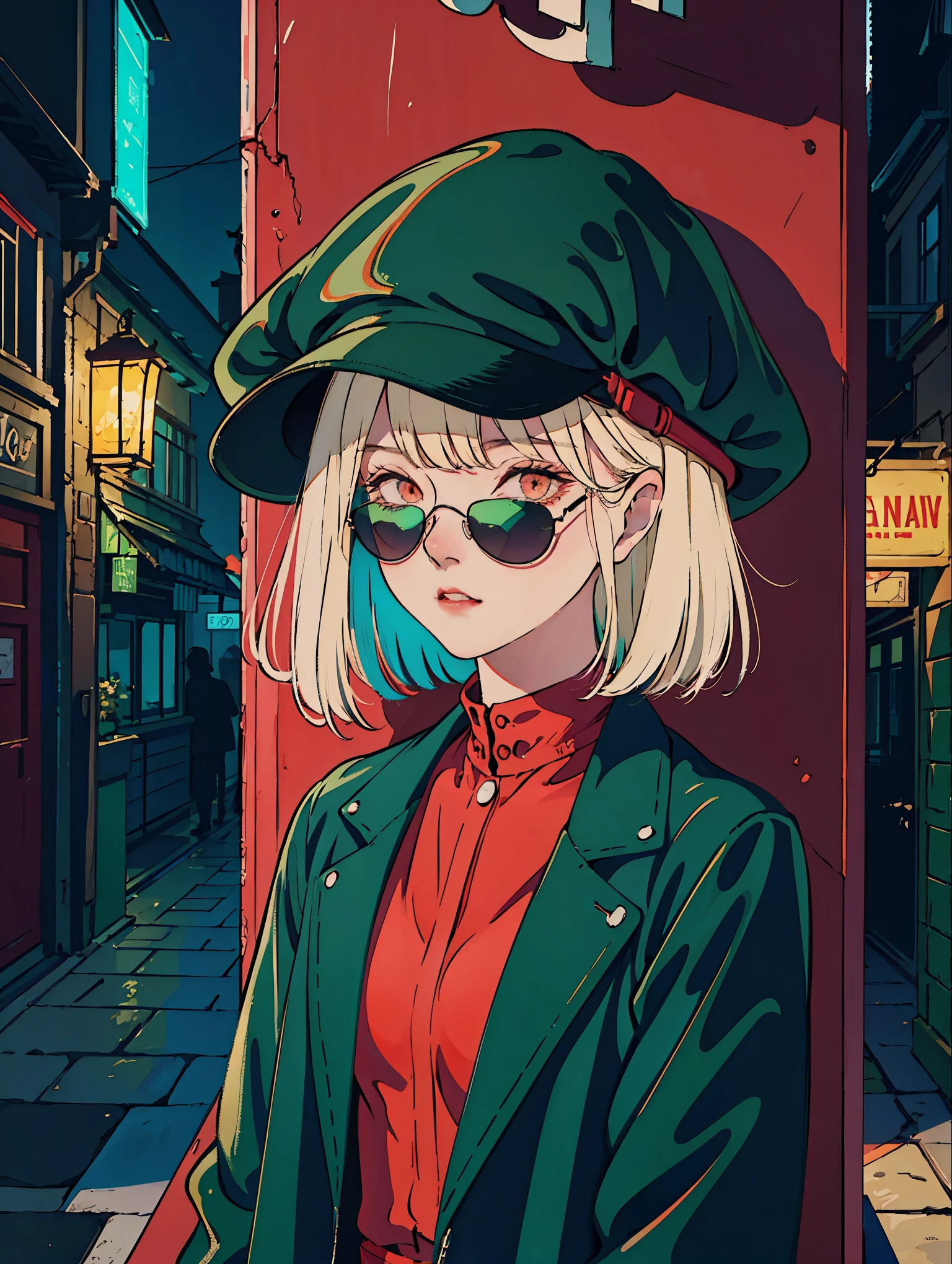 a beatiful korean woman ash blonde hair, with tattoos, smoking a white tailor made cigarette and wearing a leather jacket and red sunglasses, a city behind her, in the style of neon realism, charming characters, action, gadgetpunk, solapunk, colorful street scenes, crimson and amber, NeonNoir, soft lighting, night, nighttime, realistic, red lighting, green lighting, hard shadow, masterpiece, best quality, Intricate, modelshoot style, vintage, film grain, Incomplete details