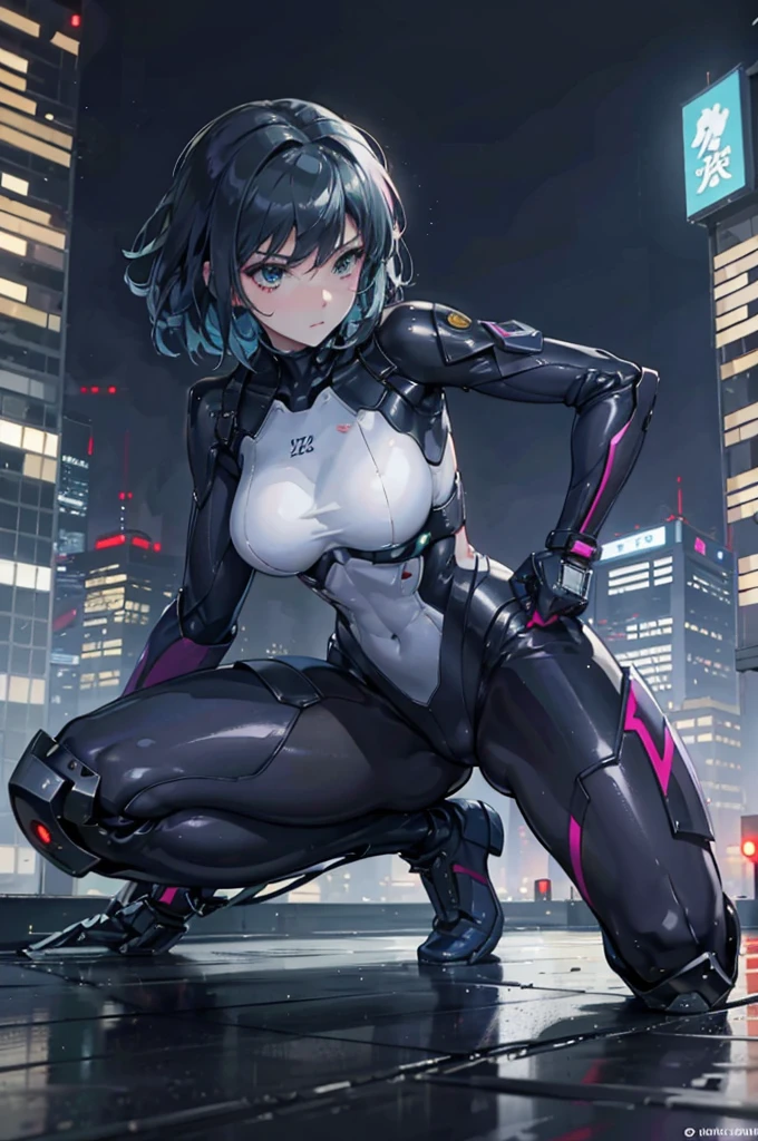 Movie stills of Motoko Kusanagi from Ghost in the Shell, wearing a sophisticated bodysuit、carries her iconic cyborg weapon。, Illuminated by the bright glow of the city&#39;s neon lights、Crouching position about to jump onto the roof of a towering skyscraper. (highest quality, 4k, 8k, High resolution, masterpiece: 1.2)

cyborg woman, Motoko Kusanagi, with her bright green eyes, With a graceful squat, ready to fly into the night sky, Against the backdrop of a futuristic cityscape lined with neon lights and skyscrapers. (white body