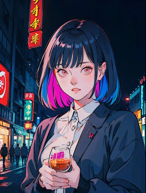 a young woman in the heart of Tokyo, surrounded by a sea of iridescent soap bubbles reflecting the neon lights of the city, crea...