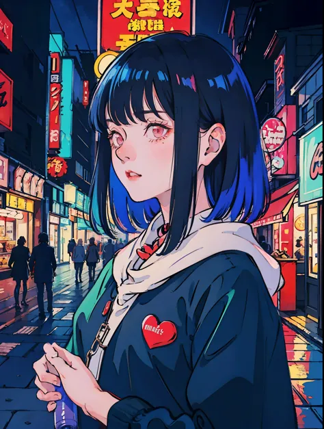 a young woman in the heart of Tokyo, surrounded by a sea of iridescent soap bubbles reflecting the neon lights of the city, crea...