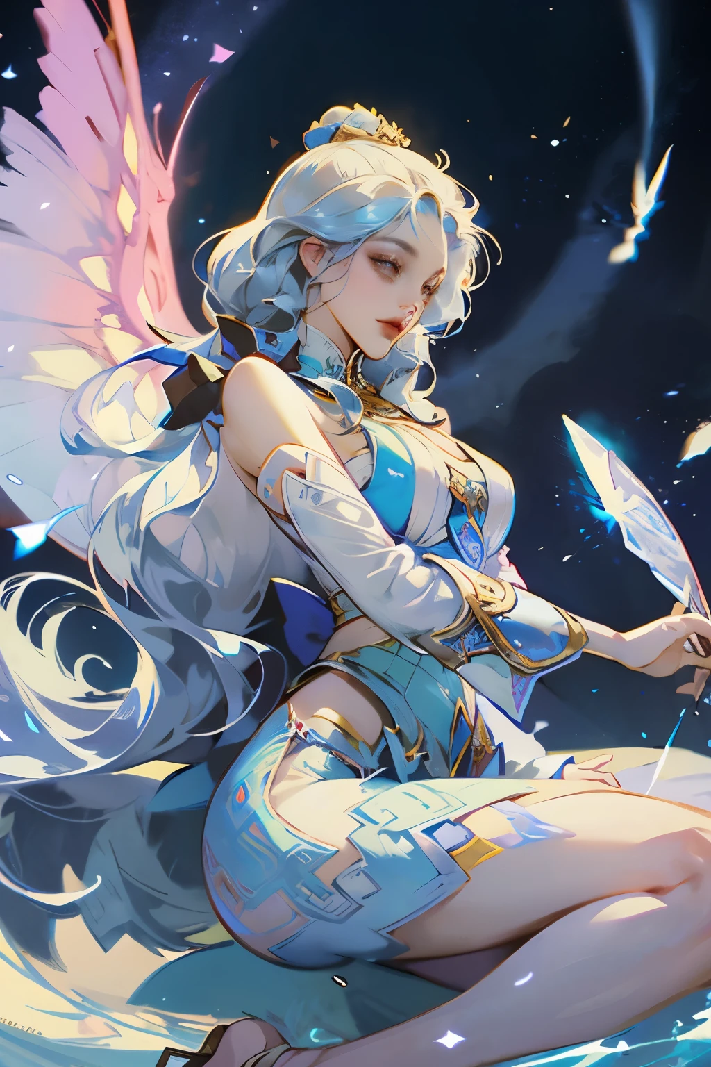 anime girl with butterfly wings and blue dress holding a butterfly, fantasy art style, beautiful character painting, by Yang J, beautiful young wind spirit, beautiful fantasy anime, 8k high quality detailed art, with beautiful wings, beautiful fantasy art, beautiful digital artwork, digital fantasy art ), a beautiful fantasy empress, artwork in the style of guweiz, by Li Song
