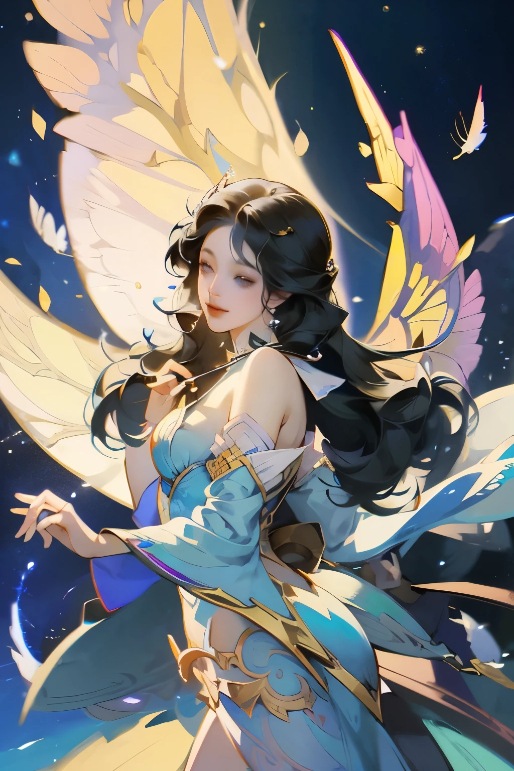 anime girl with butterfly wings and blue dress holding a butterfly, fantasy art style, beautiful character painting, by Yang J, beautiful young wind spirit, beautiful fantasy anime, 8k high quality detailed art, with beautiful wings, beautiful fantasy art, beautiful digital artwork, digital fantasy art ), a beautiful fantasy empress, artwork in the style of guweiz, by Li Song
