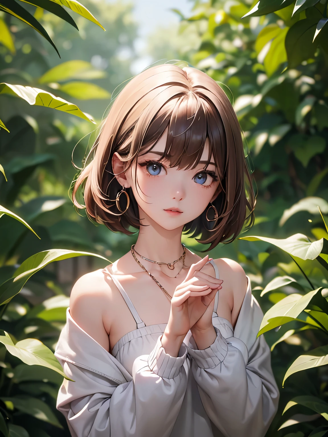 Anime girl with blue eyes and brown hair in a garden - SeaArt AI