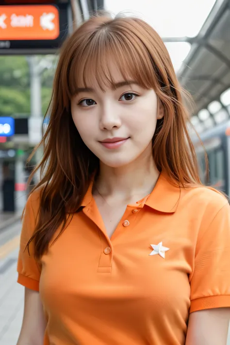 realistic photos of (1 cute Korean star) flipped hair, thin makeup, medium breasts size, orange polo shirt, at the train station...