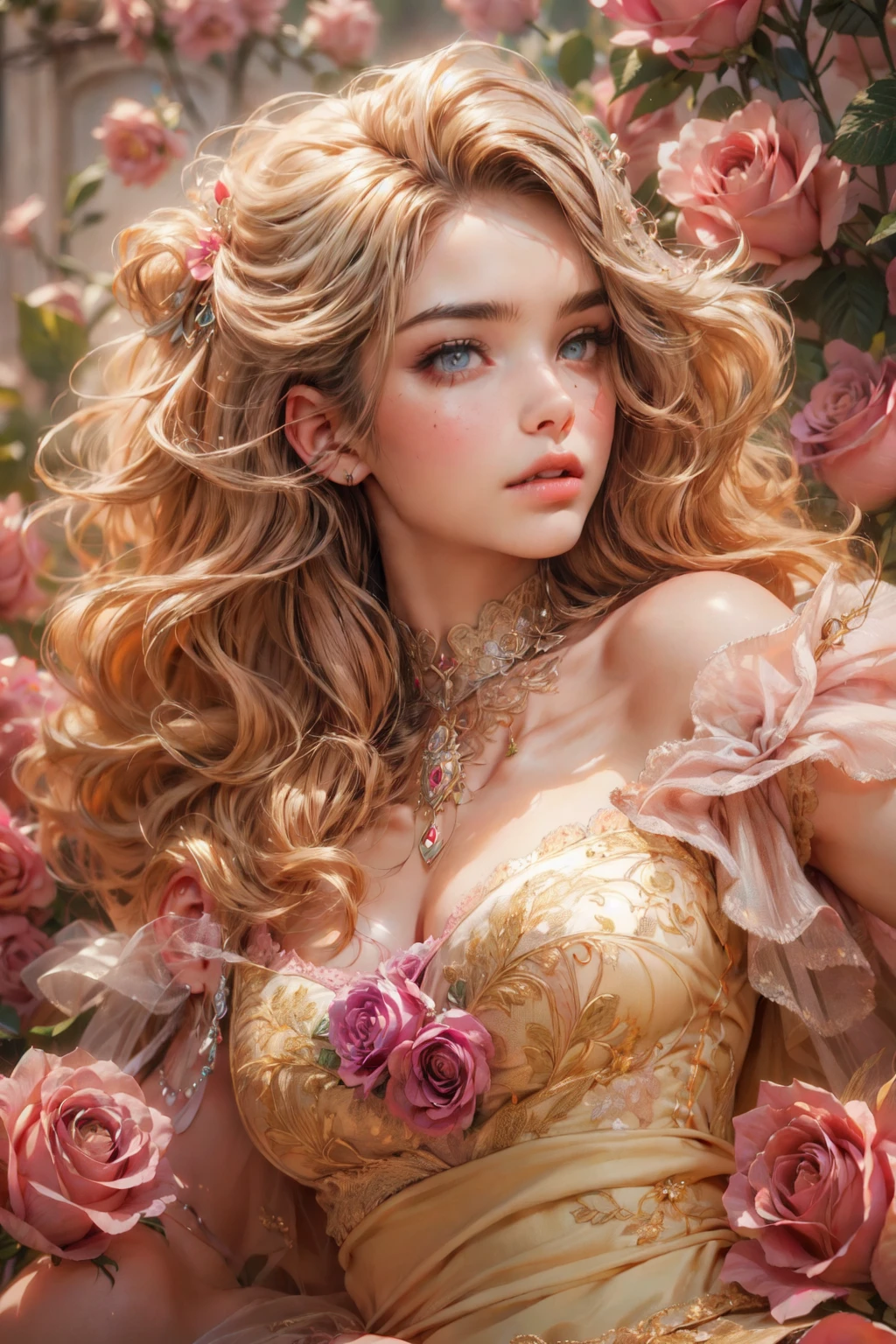 This artwork is in the style of realistic fantasy set in the castle's rose garden. Generate a woman with a beautiful detailed face dressed in the billowing folds of a stunning yellow French silk ballgown. The gown features ruffles, sashes, and bows, and its bodice is delicately but intricately hand-embroidered. The woman's sweet face is ((((highly detailed, with realistic features and soft, puffy lips.)))) Her stunning eyes are beautifully detailed, featuring realistic shading and multiple colors. She is touching a timeless rose just as beautiful today as it was the day it first bloomed thousands of years in the past. The eternal rose is a deep shade of red with shimmering pink overtones and undertones. Ensure that the woman's face, hair, and eyes are perfect. realism, high fantasy, whimsical fantasy, storybook fantasy, fairytale fantasy, fantasy details, enchanting, bewitching, 8k, hires, cgi, digital painting, unity, unreal engine,  (((masterpiece))), intricate, elegant, highly detailed, majestic, digital photography, art by artgerm and ruan jia and greg rutkowski, (masterpiece, finely detailed beautiful eyes: 1.2), hdr, realistic skin texture, (((1woman))), (((solo))), Include a highly detailed face, extremely detailed face, and interesting background.