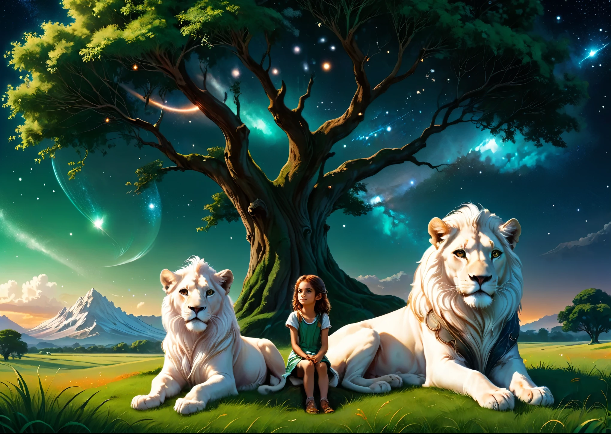 Un lion mâle blanc et une fille mignonne sont assis sur une large prairie verte、Un lion blanc et une fille sont assis côte à côte sous un grand arbre、yeux marrons、Je peux voir la constellation d&#39;Orion、soirée、les nuages brillent en orange、Rendu des couleurs élevé、Détails élevés