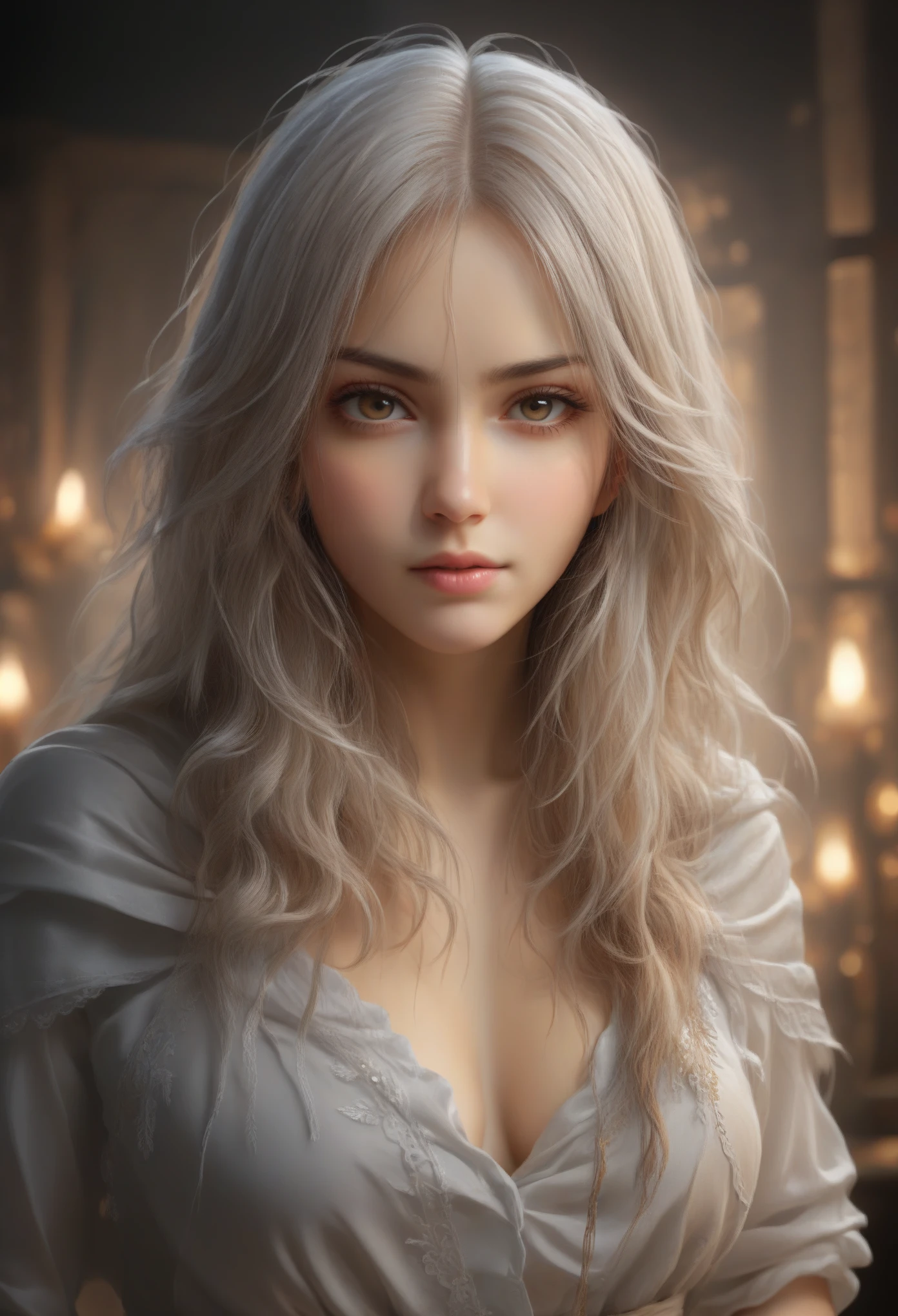 (hyperrealistic), (illustration), (high resolution), (8K), (extremely detailed), (best illustration), (beautiful detailed eyes), (best quality), (ultra-detailed), (masterpiece), (wallpaper), (photorealistic), (natural light), (detailed face), (high detailed realistic skin texture), (anatomically correct), (solo), (1 girl:1.52), (high detailed realistic hair), (white hair:1.35), (heterochromic eyes), (detailed eyes), (brown eyes:1.37), (sparkling eyes), (realistic huge breasts:1.53), (slender abs), (dynamic pose), (closed tiny mouth:1.3), (concentrated expression), (upon body from head to thigh:1.54), (dimple:1.34)