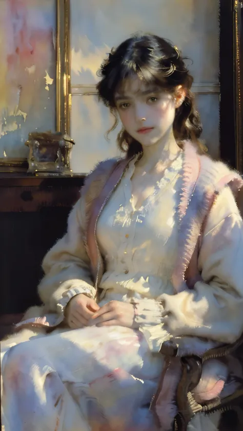 ((Sargent style watercolor))、(highest quality、masterpiece)、soft light、1 girl, relax in the morning, quiet, peaceful, comfortable...