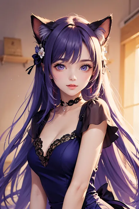 masterpiece, high resolution, best quality, very detailed, brush stroke, cat ears, colorful eyes, beautiful woman, purple dress