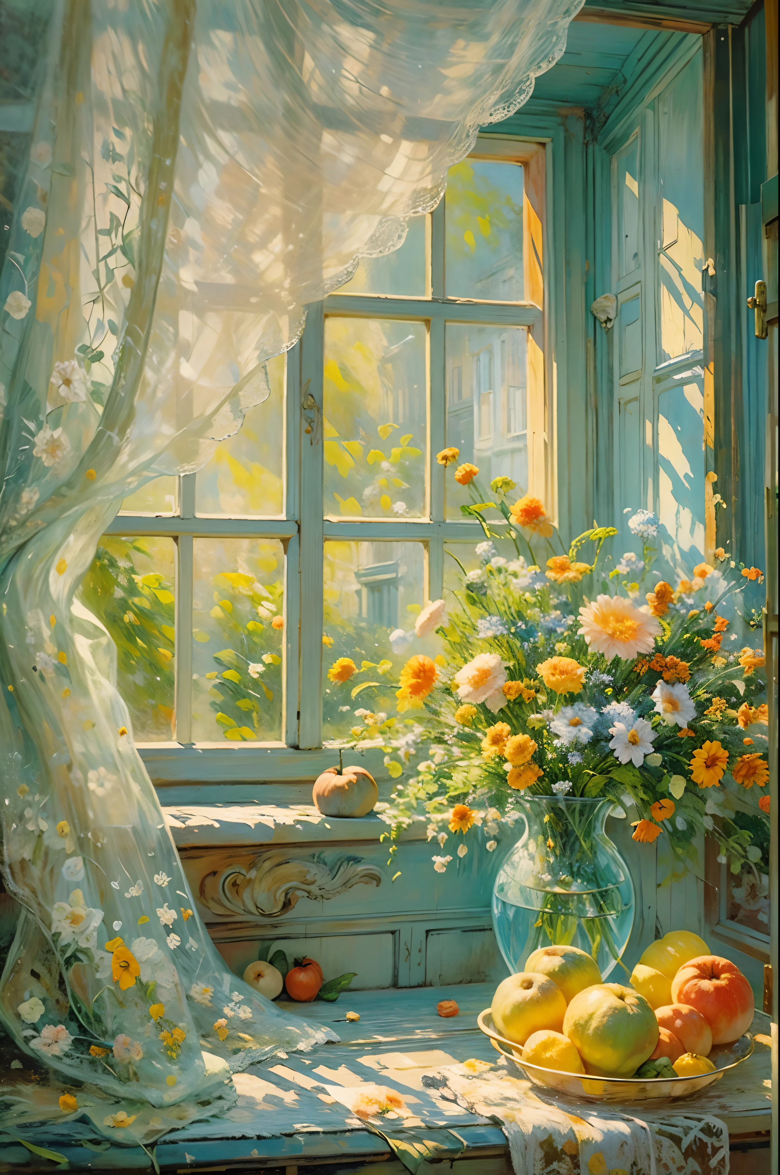 Oil painting still life, Retro illustration of window on sunny day, iridescent light, soft light, raindrop, Lace curtains, flowers, fruit, dynamic light