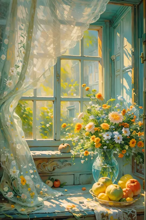 Oil painting still life, Retro illustration of window on sunny day, iridescent light, soft light, raindrop, Lace curtains, flowe...