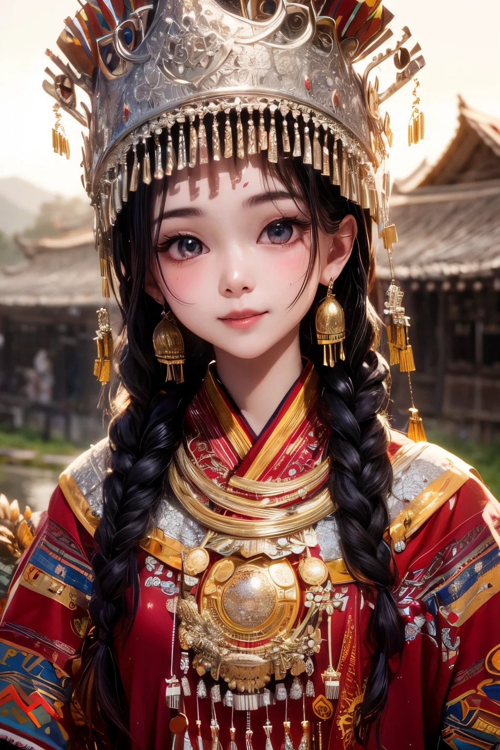 best quality， ultra high resolution， Official wallpaper， （lifelike：1.4）， （1Miao girl）， （18 year old girl），Hmong headdress，Hmong clothing， Highly detailed face， beautiful eyes， （Smile：0.6）， looking at the audience，（After the rain，outdoor，wet）Extremely detailed CG Unity 8K wallpaper， There is light on the face， illumination， traditional headdress， whole body， masterpiece，超lifelike，32k，Extremely detailed CG Unity 8K wallpaper， best quality

