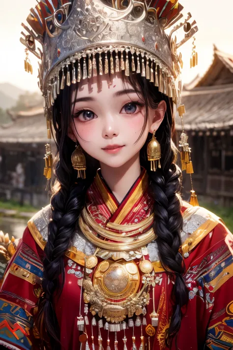 best quality， ultra high resolution， Official wallpaper， （lifelike：1.4）， （1Miao girl）， （18 year old girl），Hmong headdress，Hmong ...