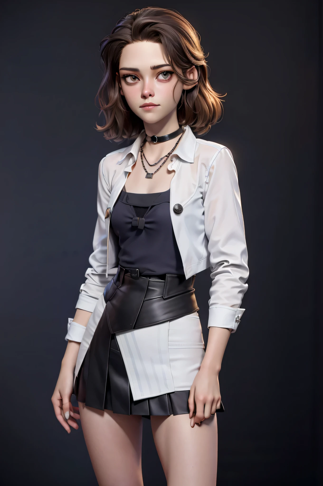 3DMM, kst3w, Kristin Stewart, 16 years, gynoid physics, (One:1.1), Kristin Stewart, perfect face, (((black necklace))), (((night skirt suit))), (((pleated school miniskirt))), (((night color jacket))), (((Silk tie))), Windsor tie, (((White shirt))), cup size S, (((Night color miniskirt with 1 horizontal gold stripe))), One focus, fully dressed, elegantly dressed, Half-open mouth, neat hairstyle, shoulder length hair, Brown hair, Brown eyes, beautiful detailed eyes，bright students，（very good and beautiful），（Beautiful and detailed description of the eyes), [[gentle fingers and hands:0.55]::0.85], (detail fingers), Facing the camera, (Background with：school corridor，mystical atmosphere), (Illustration, cartoon, Masterpiece, very detailed, Best quality，cinematic lighting，muted colors, detailed background, A high resolution)