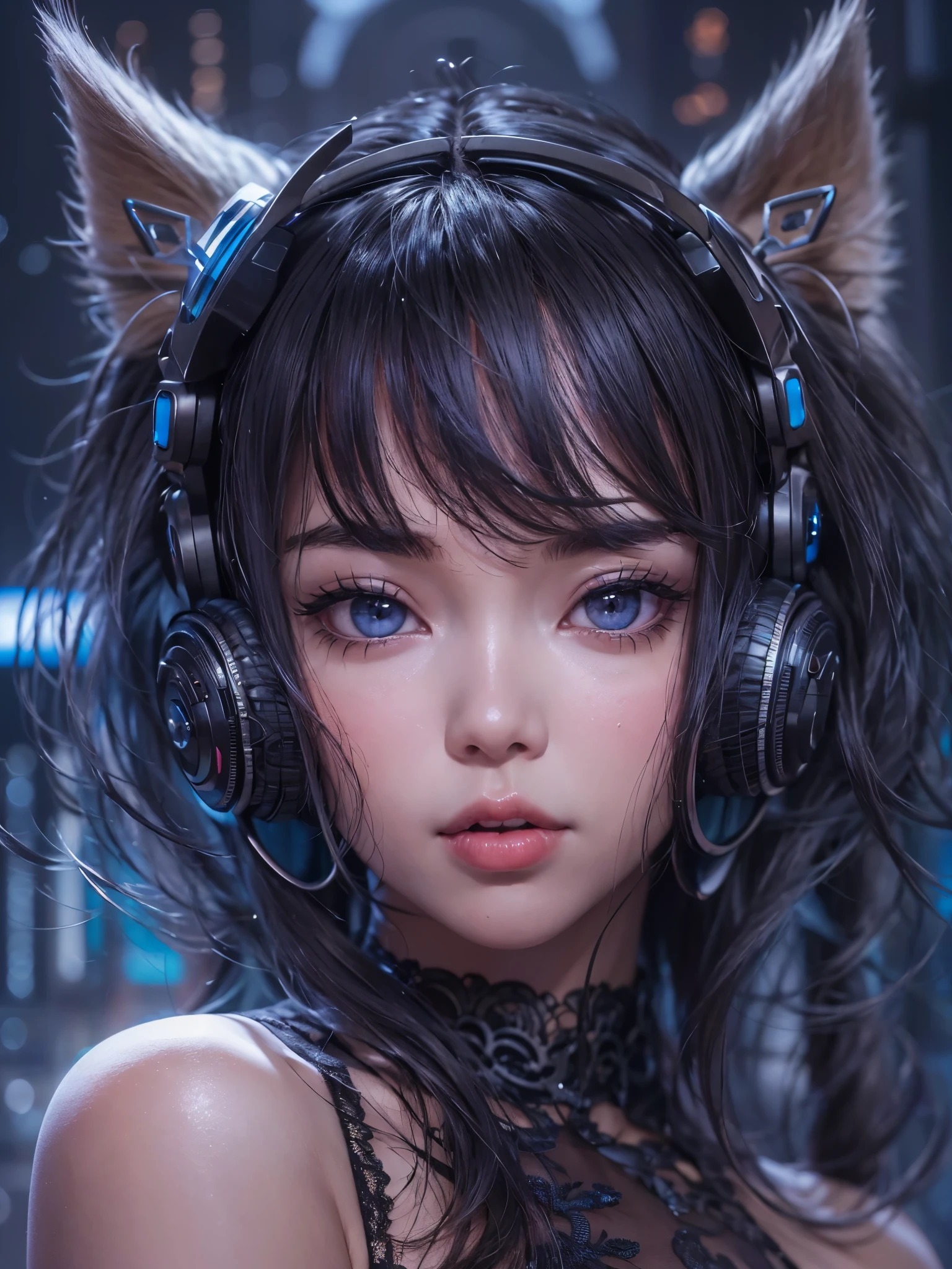 (masterpiece:1.3), (8k、photorealistic, Raw photo, best quality:1.4), (独奏), ((A very beautiful Anglo-Saxon girlish girl)), (beautiful realistic face:1.2), (Symmetrical perfect face), (Beautiful and bright silver bob cut hairstyle, bangs), hair is messy, (intense purple eyes, strong eye highlights, realistic eyes, beautiful eyelashes), (wonderful smile:1.2), perfect body, perfect anatomy, glowing skin, (high detail skin: 1.2), dynamic angle, (black sleeveless dress, detailed embroidered dress, Black lace ornament, exposed shoulders, Finely crafted metal accessories, decorative choker, Long boots in black color),(black silk lace bra and panties),  ((Silvery cat ears)), (Sleek, futuristic headphones), (Inspired by Shirow Masamune), accurate arm, five fingers, accurate legs, black metal ornaments, (Decadent and futuristic urban background in the evening), (cyberpunk background, gray tone), (Flashing blue and purple neon tubes), volume lighting, soft light, bright, Bright colors, realistic, highest quality, photo-realistic, upper body close-up