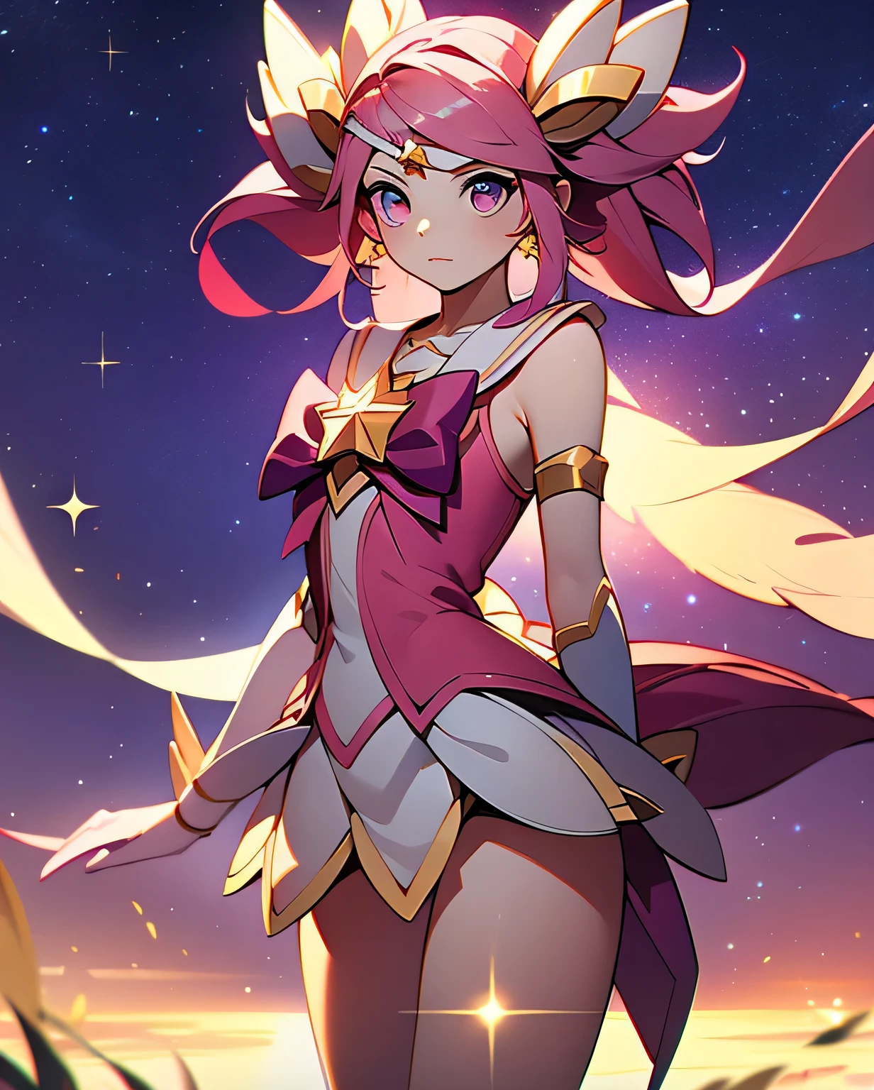 1 Mädchen, Lux aus League of Legends, Stern_Wächter_Lux, lange Haare, ultra-detaillierte Frisur, extrem detaillierte Augen, Anime Stern magical girl, funkelndes magisches Mädchen,(perfekte Körperproportionen : 1.2)
, colorful Stern particle, Stern effect, Milchstraße, leuchtender Nachthimmel, 
(beste Qualität, Highres:1.4 ), ausführlich, komplizierte Details, 4K, filmische Beleuchtung, Tiefenschärfe, detaillierter Hintergrund, artstation, 