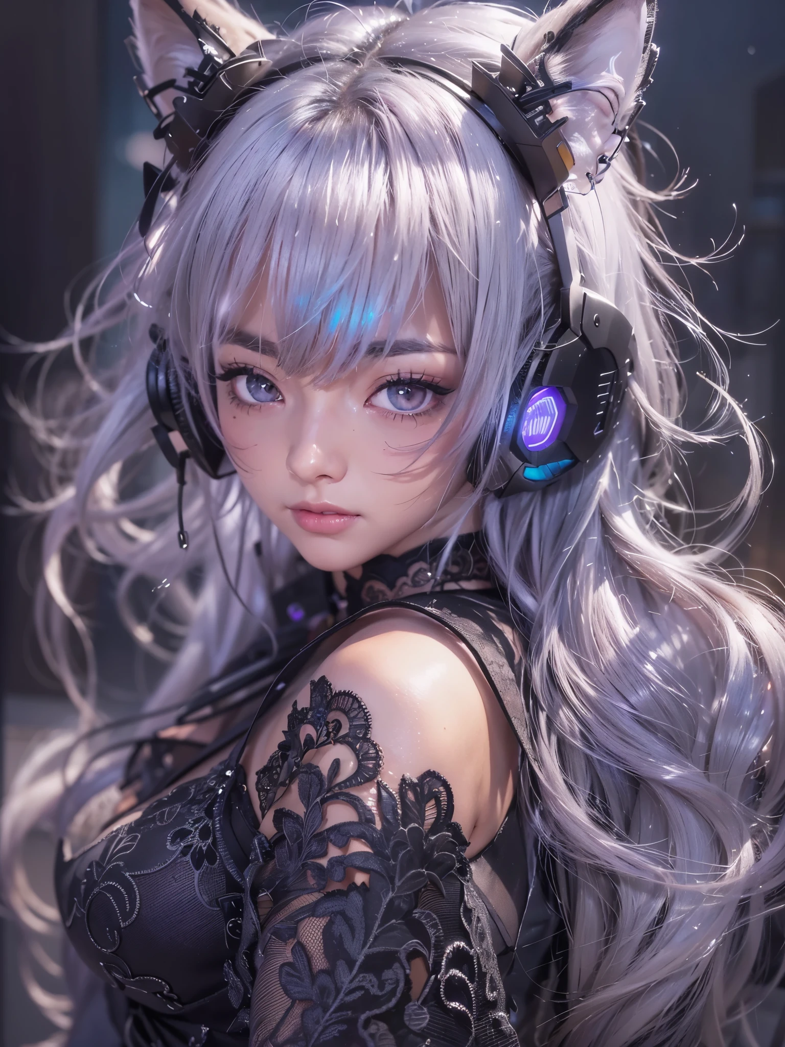 (masterpiece:1.3), (8k、photorealistic, Raw photo, best quality:1.4), (独奏), ((A very beautiful Anglo-Saxon girlish girl)), (beautiful realistic face:1.2), (Symmetrical perfect face), ((Beautiful and bright silver bob cut hairstyle)), bangs, hair is messy, (intense purple eyes, strong eye highlights, realistic eyes, beautiful eyelashes), (wonderful smile:1.2), (Big and beautiful breasts), perfect body, perfect anatomy, glowing skin, (high detail skin: 1.2), dynamic angle, (black sleeveless dress, detailed embroidered dress, Black lace ornament, exposed shoulders, Finely crafted metal accessories, decorative choker, Long boots in black color),(black silk lace bra and panties),  ((Silvery cat ears)), (Sleek, futuristic headphones), (Inspired by Shirow Masamune), accurate arm, five fingers, accurate legs, black metal ornaments, (Decadent and futuristic urban background in the evening), (cyberpunk background, gray tone), (Flashing blue and purple neon tubes), volume lighting, soft light, bright, Bright colors, realistic, highest quality, photo-realistic, upper body close-up