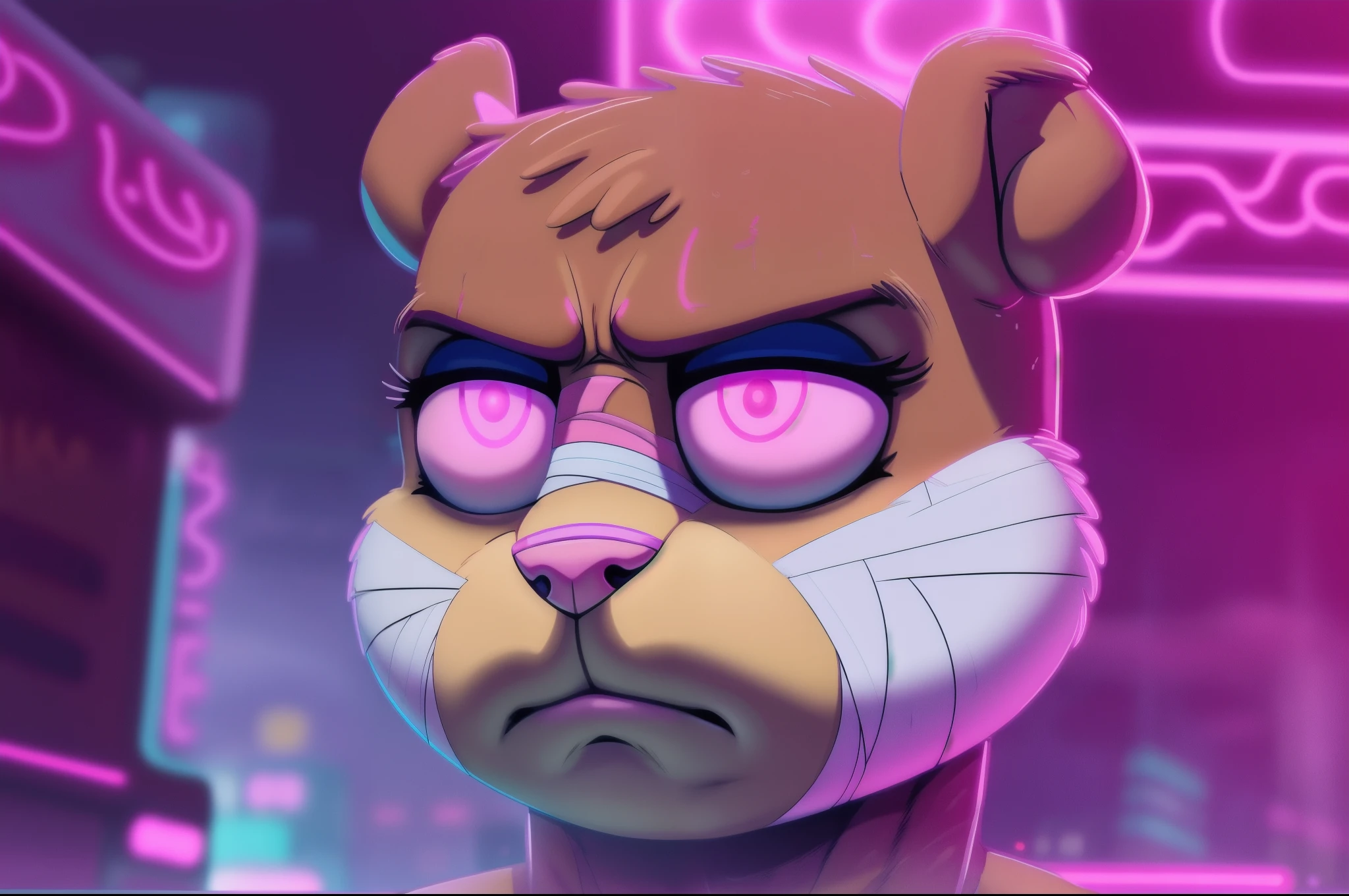 you look  scene, (best quality:1.1), (masterpiece:1.2), (absurdres:1.0), portrait, upperbody, 1girl, night, bladerunner 2049, upset, sad, beaten up face, bandages, broken nose, nose bandage, sandy-cheeks, cyberpunk city background with pink neon lights,