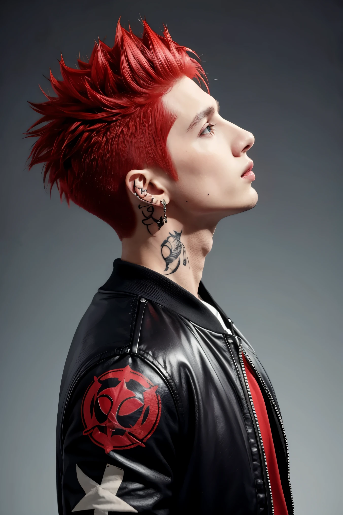 A close up of a person with a red mohawk and tattoos - SeaArt AI