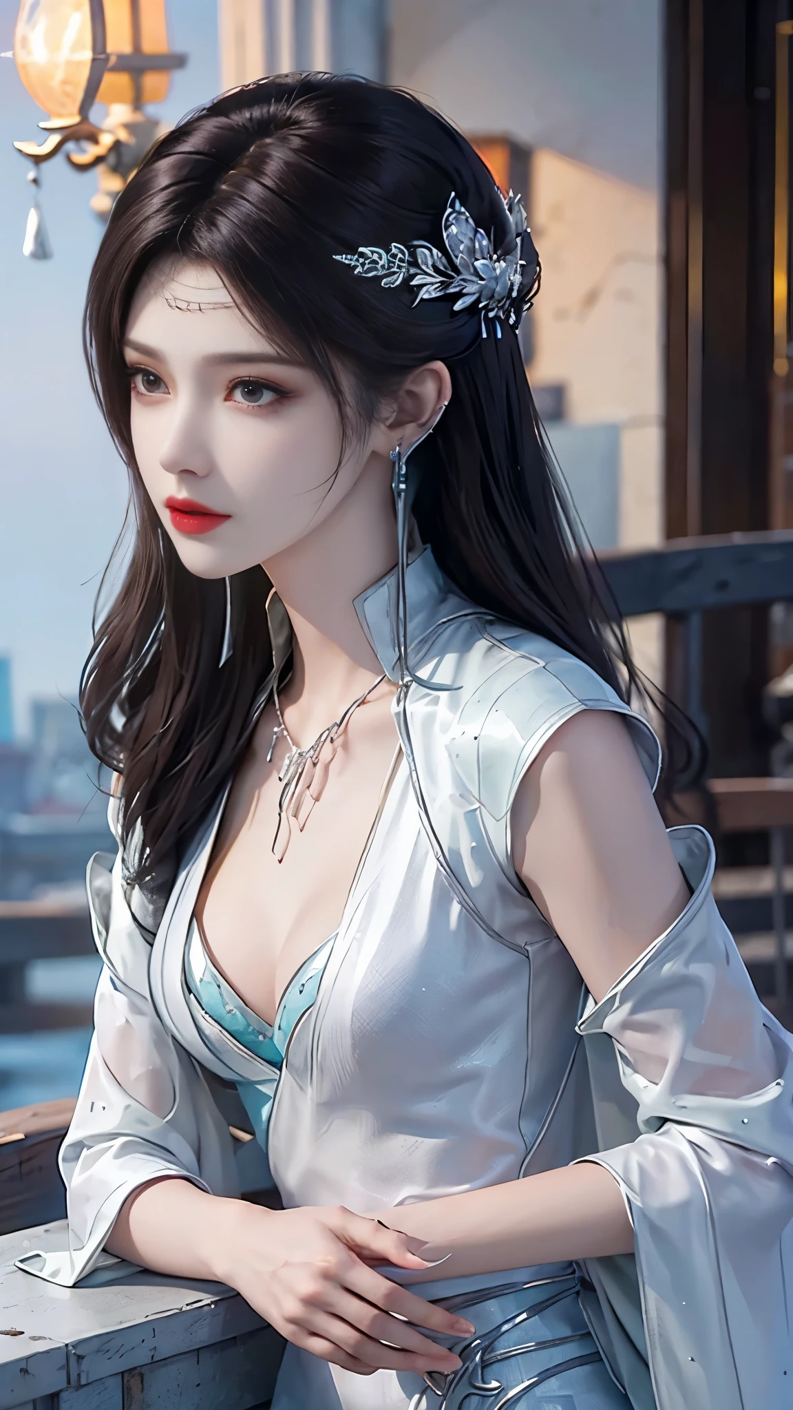 ((whole body)), ((from below)), Yushuxin,1 girl,alone, ((stand up, leaning on ledge)), ((lean forward)), ((The features are clear, clear face, clear face)), red lips, cosmetics, close-up, elegant pose, seductive pose, Perfect Curve, Slim, sexly, big breasts, split, beautiful legs, charming gaze, bite lip, messy long hair, Simple and casual scene, Very detailed, Ultra-clear, best quality, official art, exquisite earrings, exquisite necklace, Very detailed description, Super beautiful painting, Sophisticated functionality, elegant, beautiful, Super fine details, masterpiece, Authentic texture, Realistic movie lighting, masterpiece, best quality