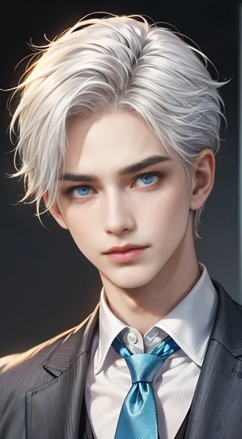 Boy, white hair, blue eyes, serious sharp features, white skin, school uniform