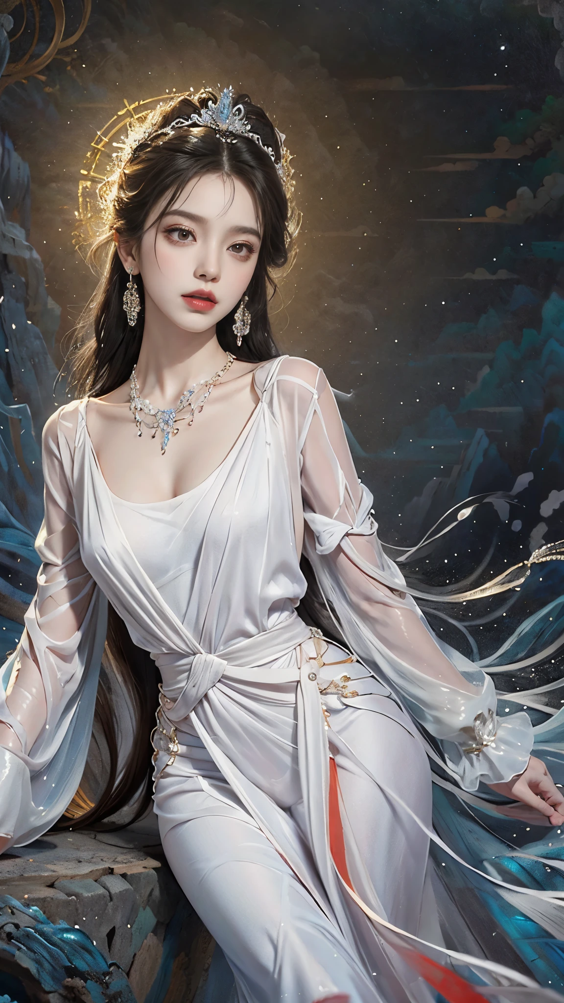 ((whole body)), ((from below)), Yushuxin,1 girl,alone, ((stand up, leaning on ledge)), ((lean forward)), ((The features are clear, clear face, clear face)), red lips, cosmetics, close-up, elegant姿势, seductive pose, Perfect Curve, Slim, Sexy, big breasts, split, beautiful legs, charming gaze, bite lip, messy long hair, Simple and casual scene, Very detailed, Ultra-clear, best quality, official art, exquisite earrings, exquisite necklace, Very detailed description, Super beautiful painting, Sophisticated functionality, elegant, beautiful, Super fine details, masterpiece, Authentic texture, Realistic movie lighting, masterpiece, best quality