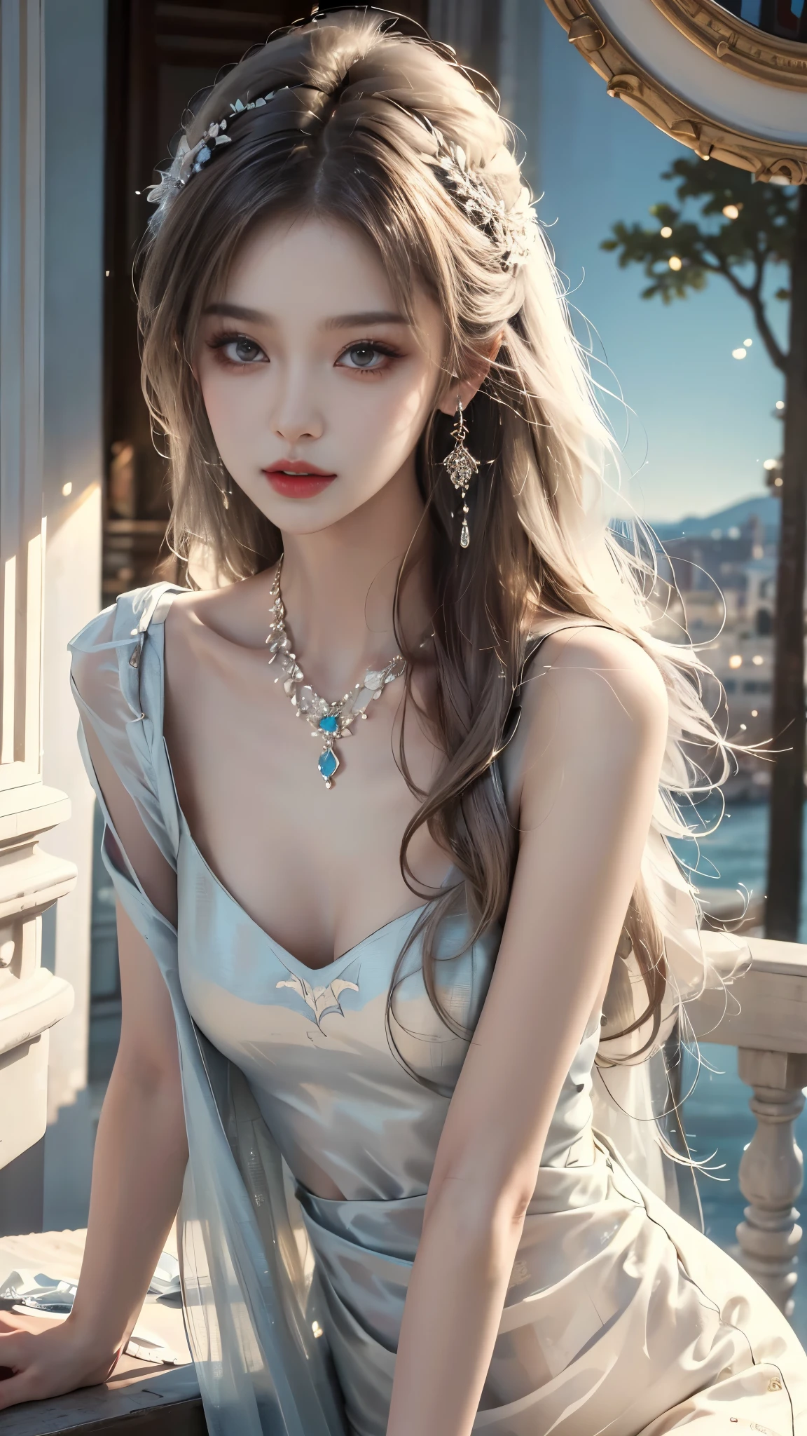 ((whole body)), ((from below)), Yushuxin,1 girl,alone, ((stand up, leaning on ledge)), ((lean forward)), ((The features are clear, clear face, clear face)), red lips, cosmetics, close-up, elegant姿势, seductive pose, Perfect Curve, Slim, Sexy, big breasts, split, beautiful legs, charming gaze, bite lip, messy long hair, Simple and casual scene, Very detailed, Ultra-clear, best quality, official art, exquisite earrings, exquisite necklace, Very detailed description, Super beautiful painting, Sophisticated functionality, elegant, beautiful, Super fine details, masterpiece, Authentic texture, Realistic movie lighting, masterpiece, best quality