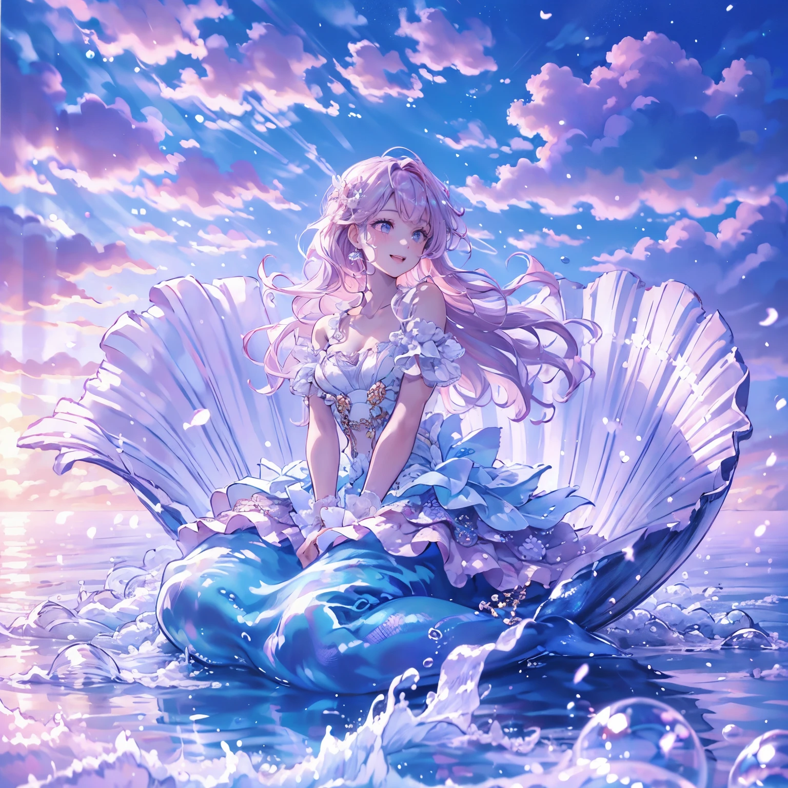 (exquisite, beautiful, very detailed, masterpiece, high quality, disorganized, High resolution, Full HD, 16k), (woman,mermaid),(sitting on a large white seashell),((Happy, fun, smile, laughter:1.3)), (bob, wavy hair, pink hair), ((bare hands:1.5)),purple eyes, ((sing a song:1.5)),Big eyes, Fair skin, slim,( soft edge, soft lines), wide shot, (highly saturated colors, Bright colors, pastel colour), (under the beautiful sea, in the sea), dramatic lighting, warm lighting, soft lighting, fantasy, romantic atmosphere, dreamy atmosphere, floating