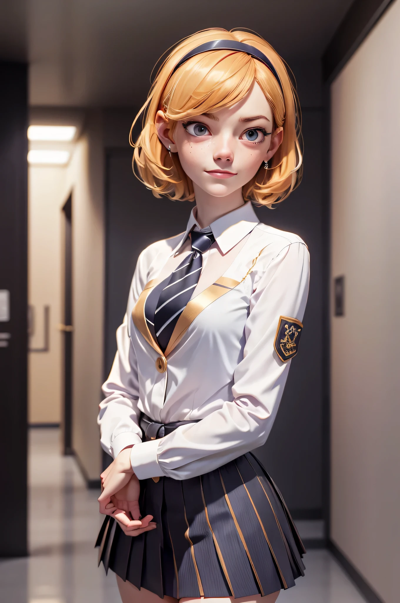 3mm4s, Emma Stone, 16 years, gynoid physics, (One:1.1), Emma Stone, perfect face, (((night color striped headband))), (((night skirt suit))), (((pleated school miniskirt))), (((night color jacket))), (((Silk tie))), Windsor tie, (((White shirt))), cup size D, (((Night color miniskirt with 1 horizontal gold stripe))), One focus, fully dressed, elegantly dressed, smiling, careless styling, short hair, Red hair, grey eyes, beautiful detailed eyes，bright students，（very good and beautiful），（Beautiful and detailed description of the eyes), [[gentle fingers and hands:0.55]::0.85], (detail fingers), Facing the camera, (Background with：school corridor，mystical atmosphere), (Illustration, cartoon, Masterpiece, very detailed, Best quality，cinematic lighting，muted colors, detailed background, A high resolution)